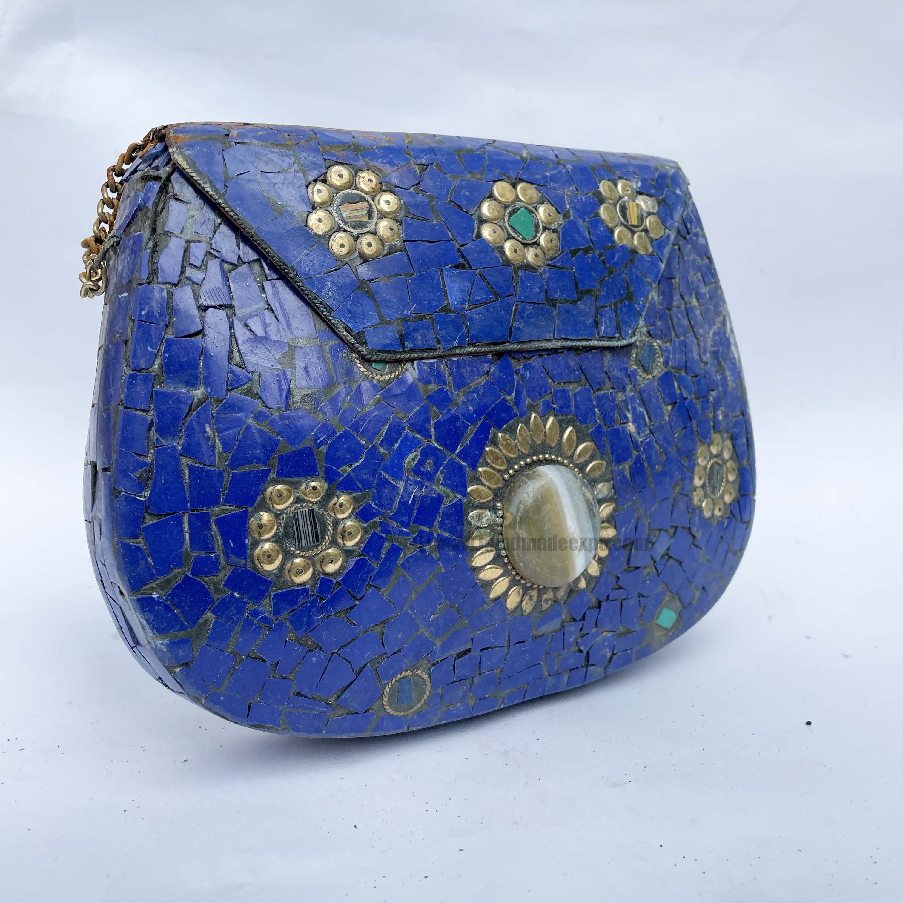 Nepali Handmade Large Size Ladies Bag With stone Setting, metal, blue Color