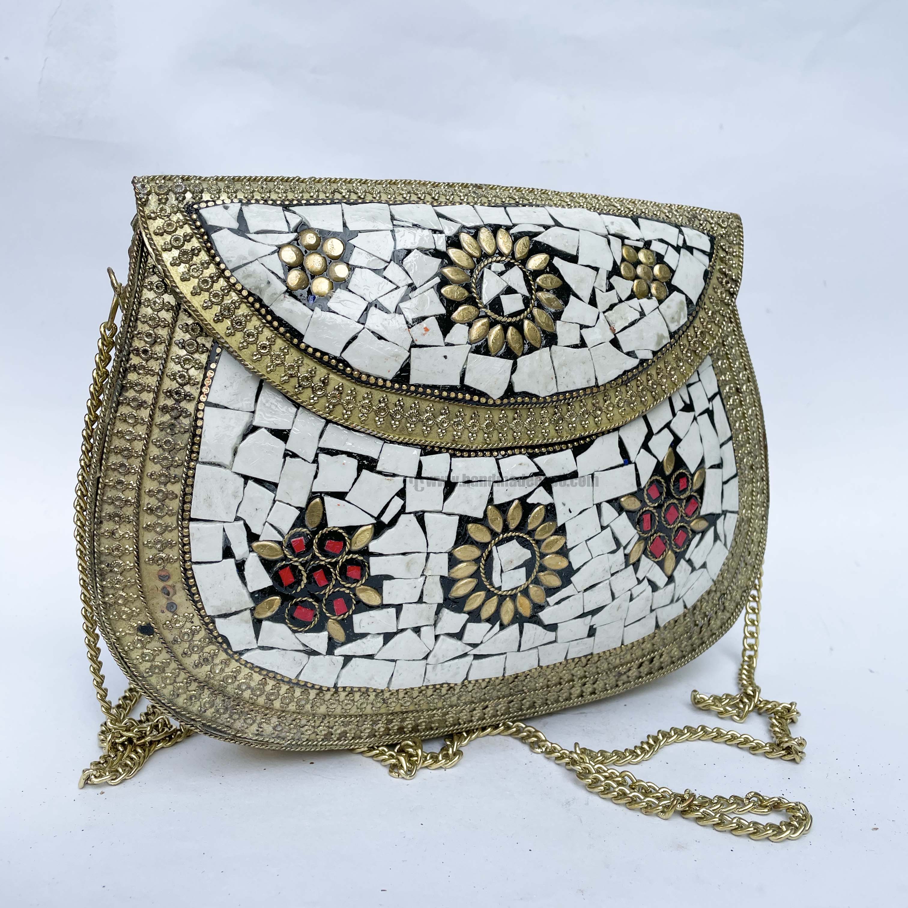 Nepali Handmade Large Size Ladies Bag With stone Setting, metal, golden And White Color