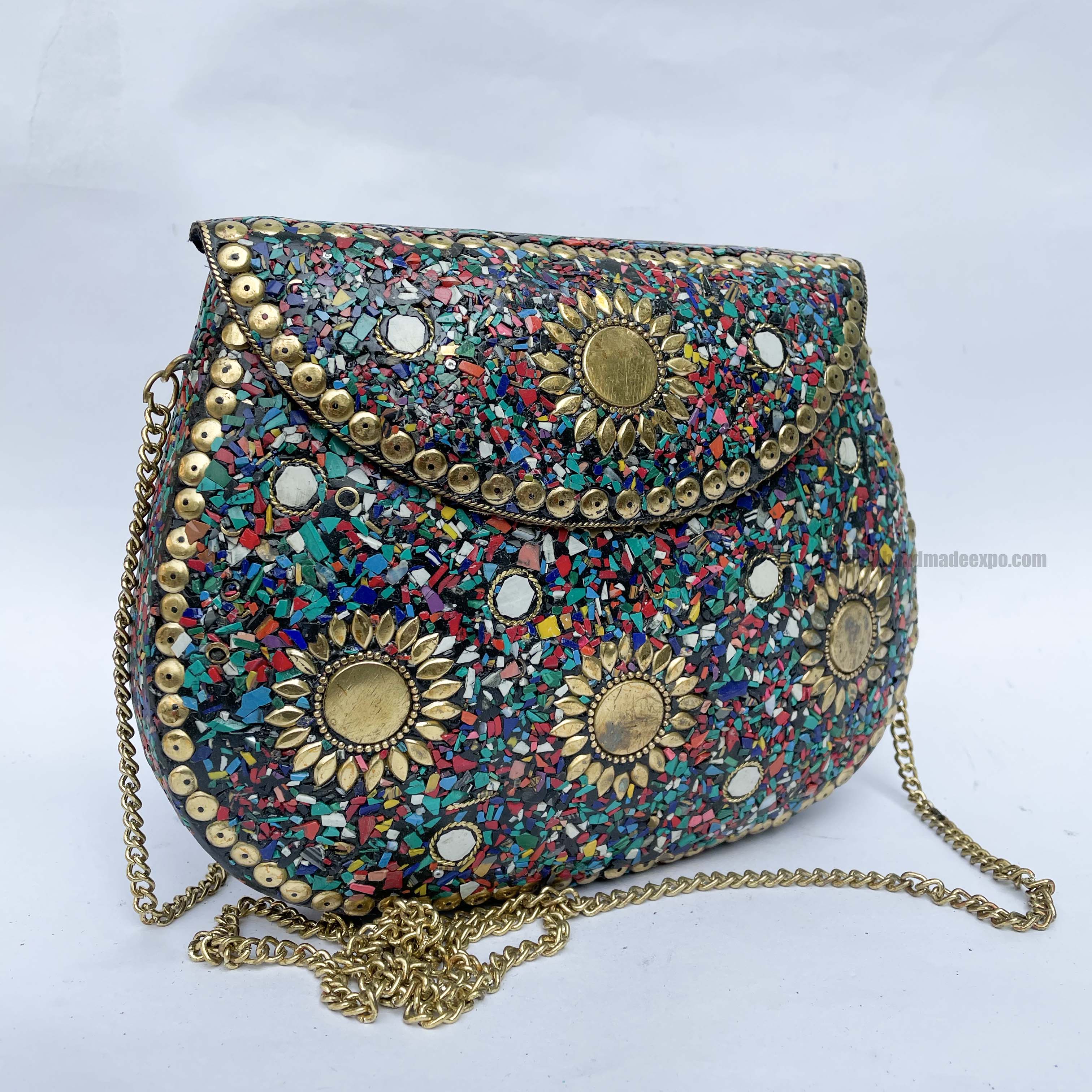 Nepali Handmade Large Size Ladies Bag With stone Setting, metal, multi Color