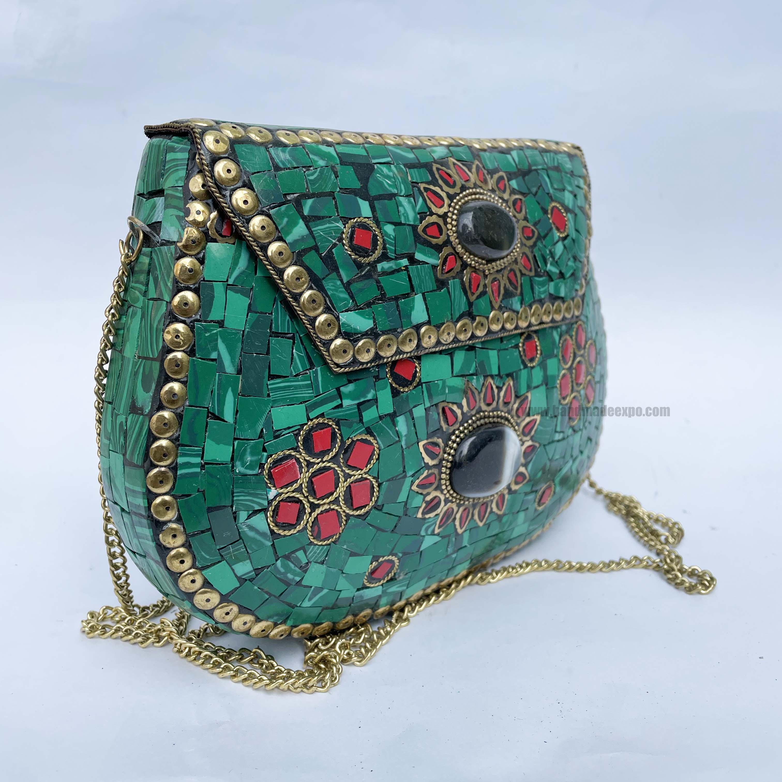 Nepali Handmade Large Size Ladies Bag With stone Setting, metal, green And Red Color