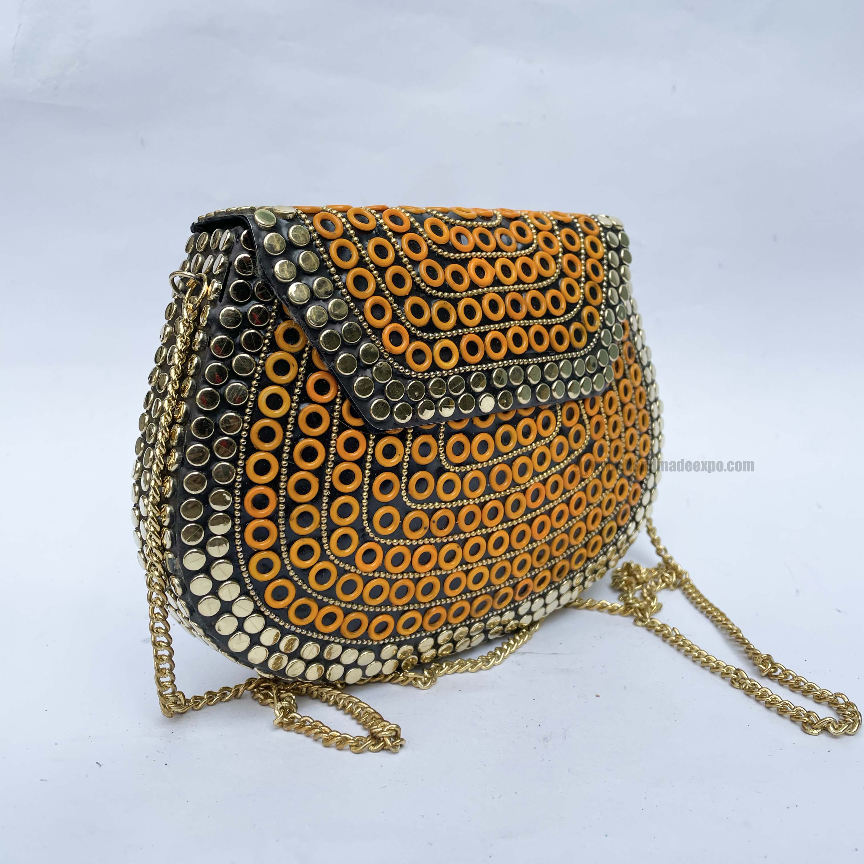 Nepali Handmade Medium Size Ladies Bag With stone Setting, metal, orange Color