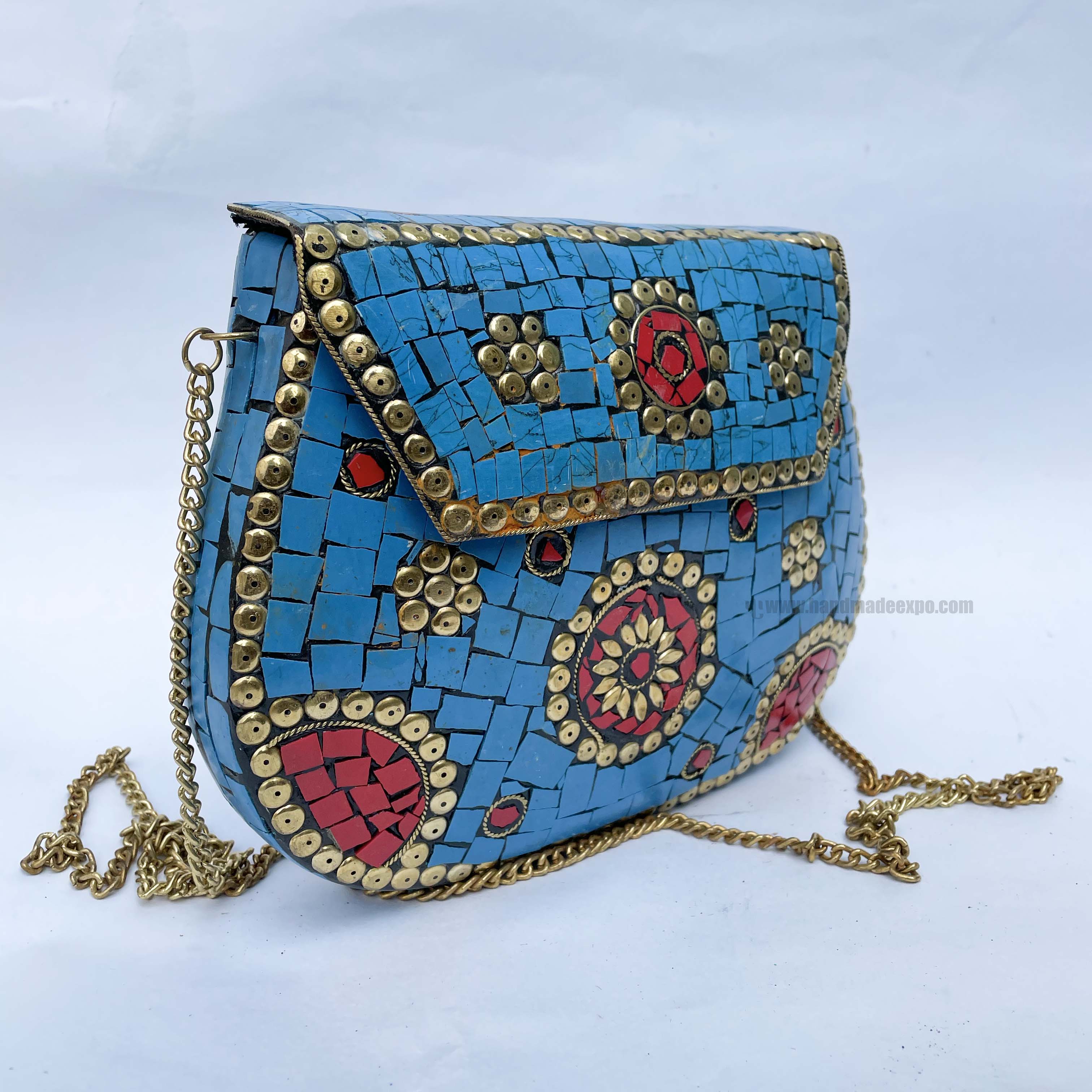 Nepali Handmade Big Ladies Bag With stone Setting, metal, blue And Red Color