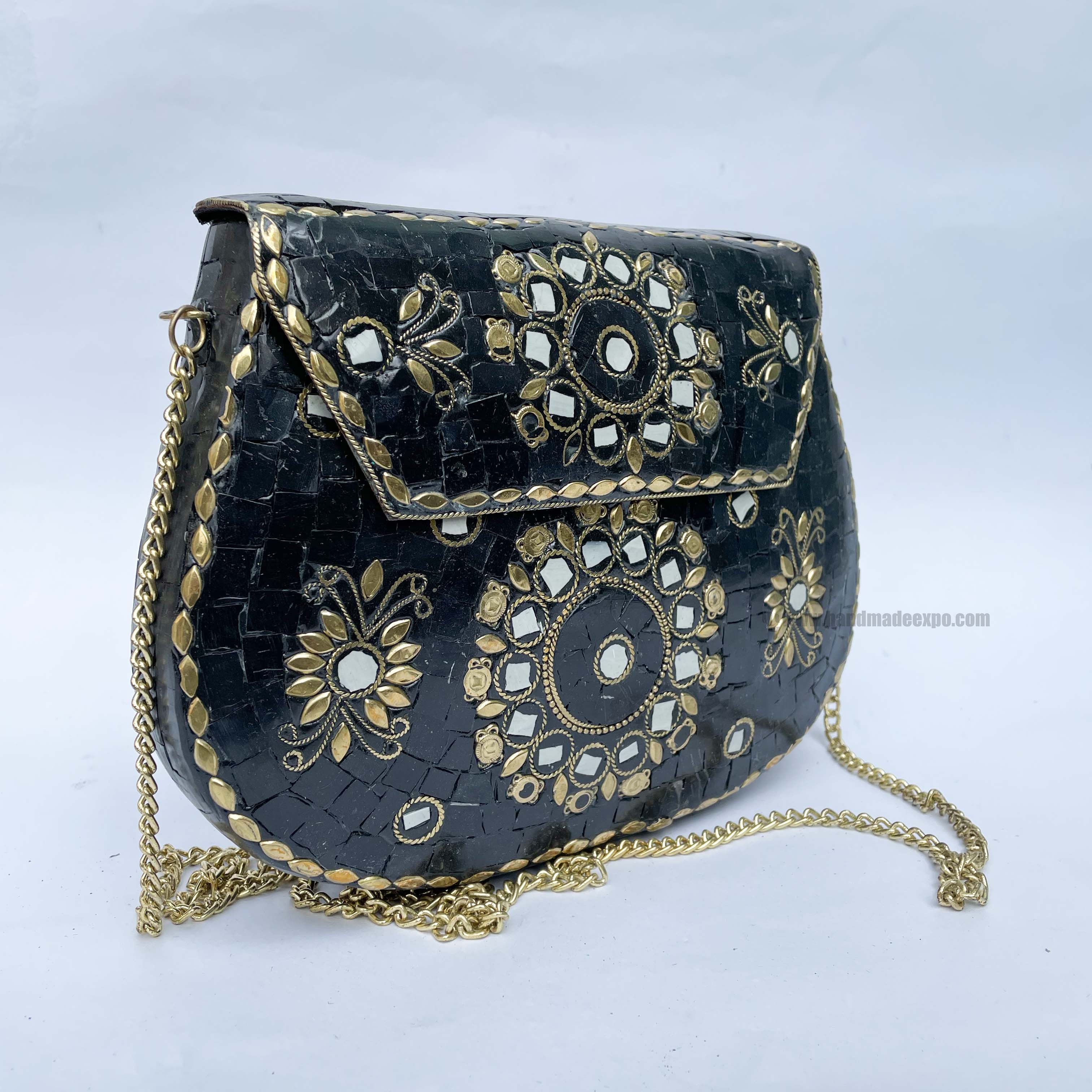 Nepali Handmade Big Ladies Bag With stone Setting, metal, black Color