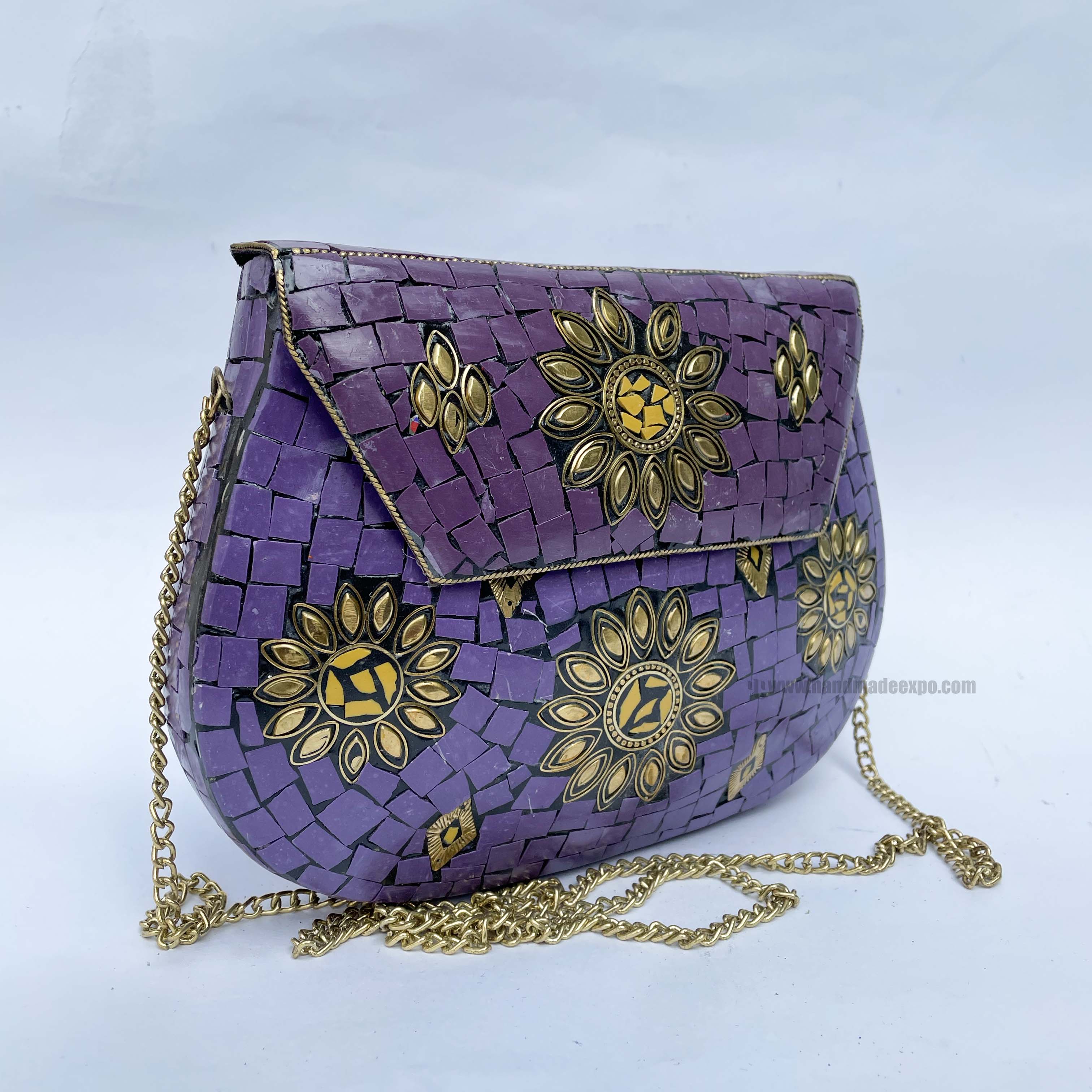 Nepali Handmade Big Ladies Bag With stone Setting, metal, purple Color
