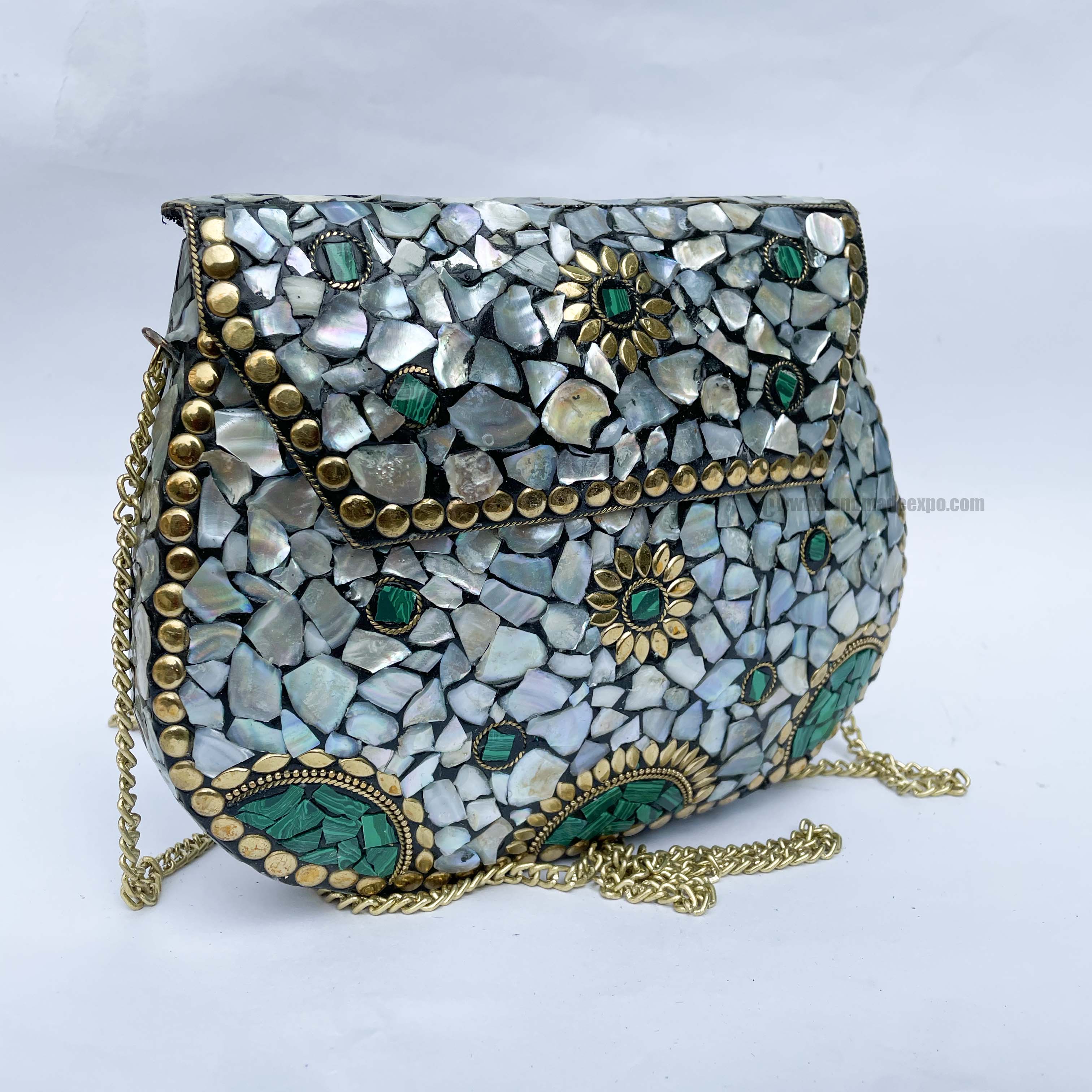 Nepali Handmade Big Ladies Bag With stone Setting, metal, green And Silver Color