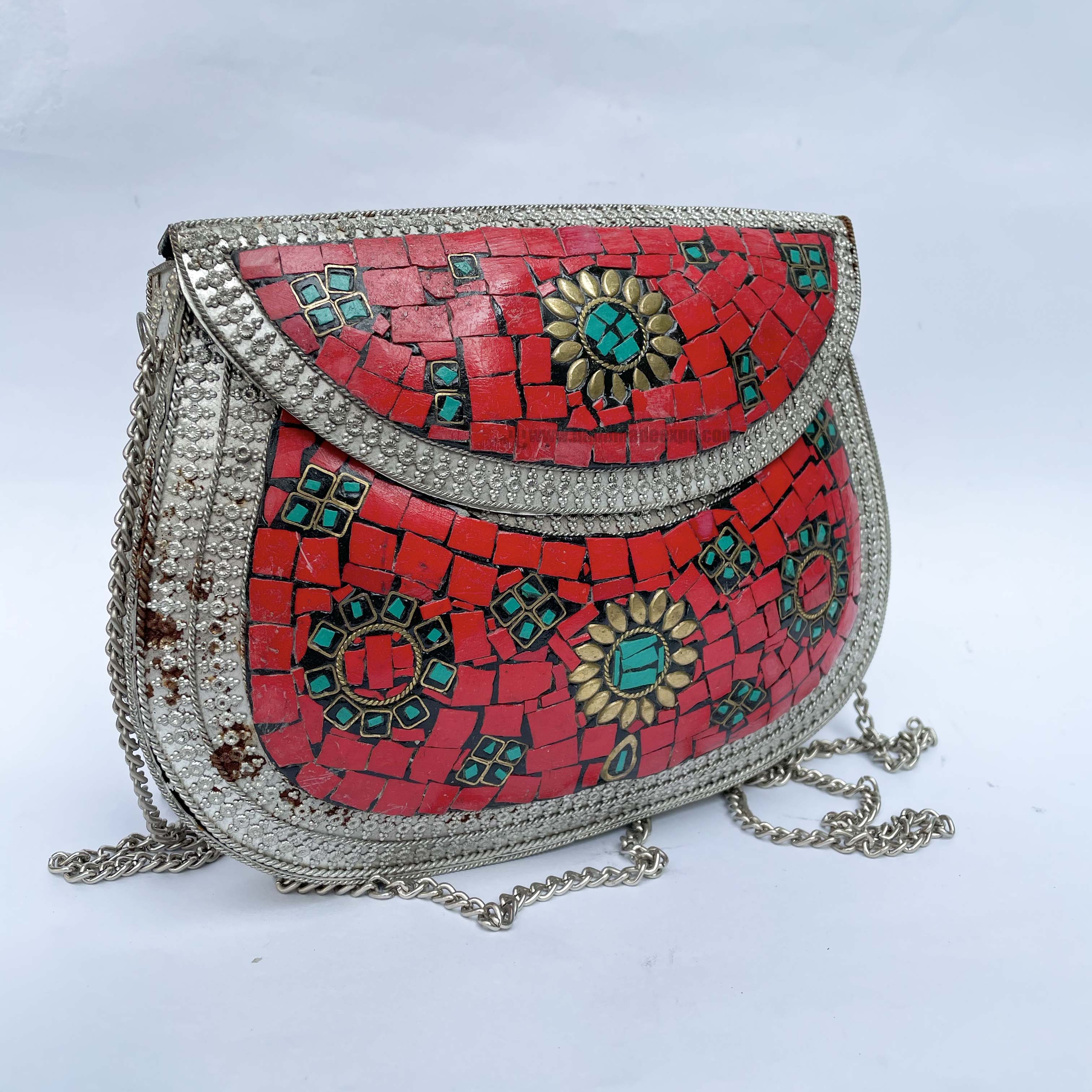 Nepali Handmade Big Ladies Bag With stone Setting, metal, red And Green