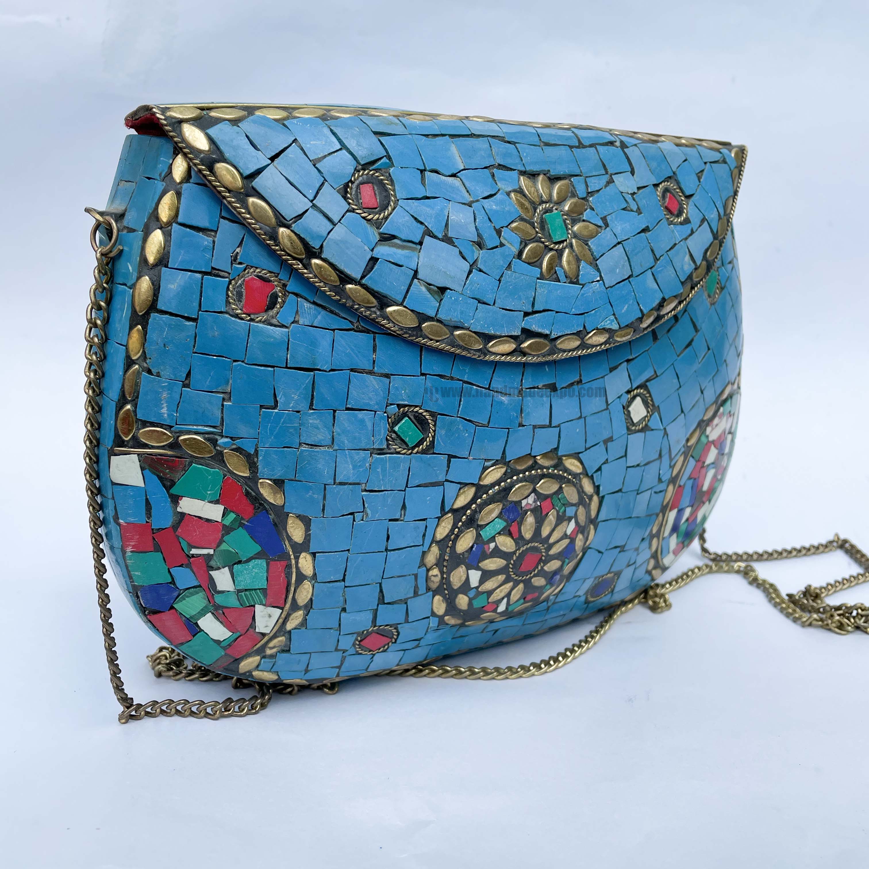 Nepali Handmade Big Ladies Bag With stone Setting, metal, blue Color