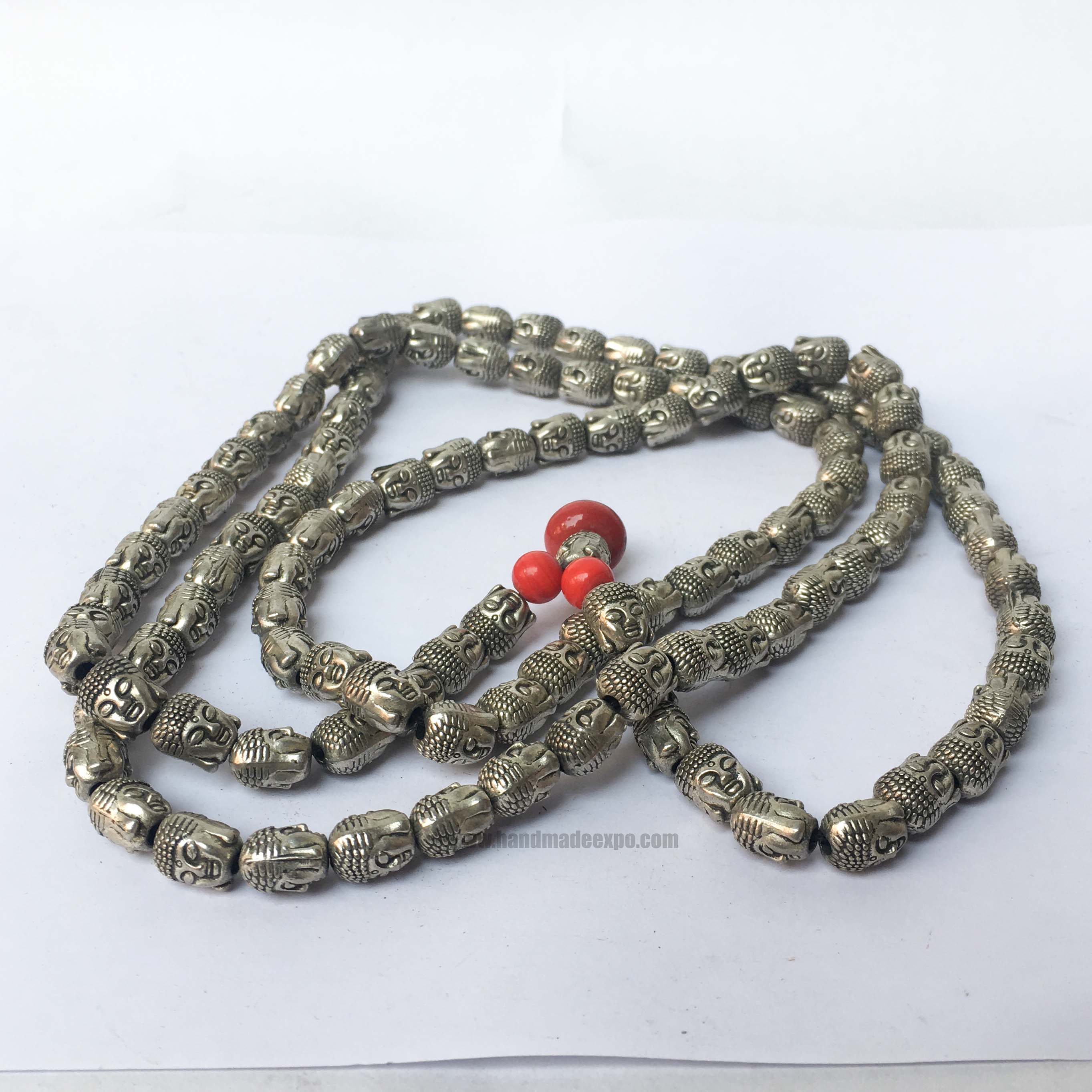 108 Om Design Beads, white Metal Buddha Head