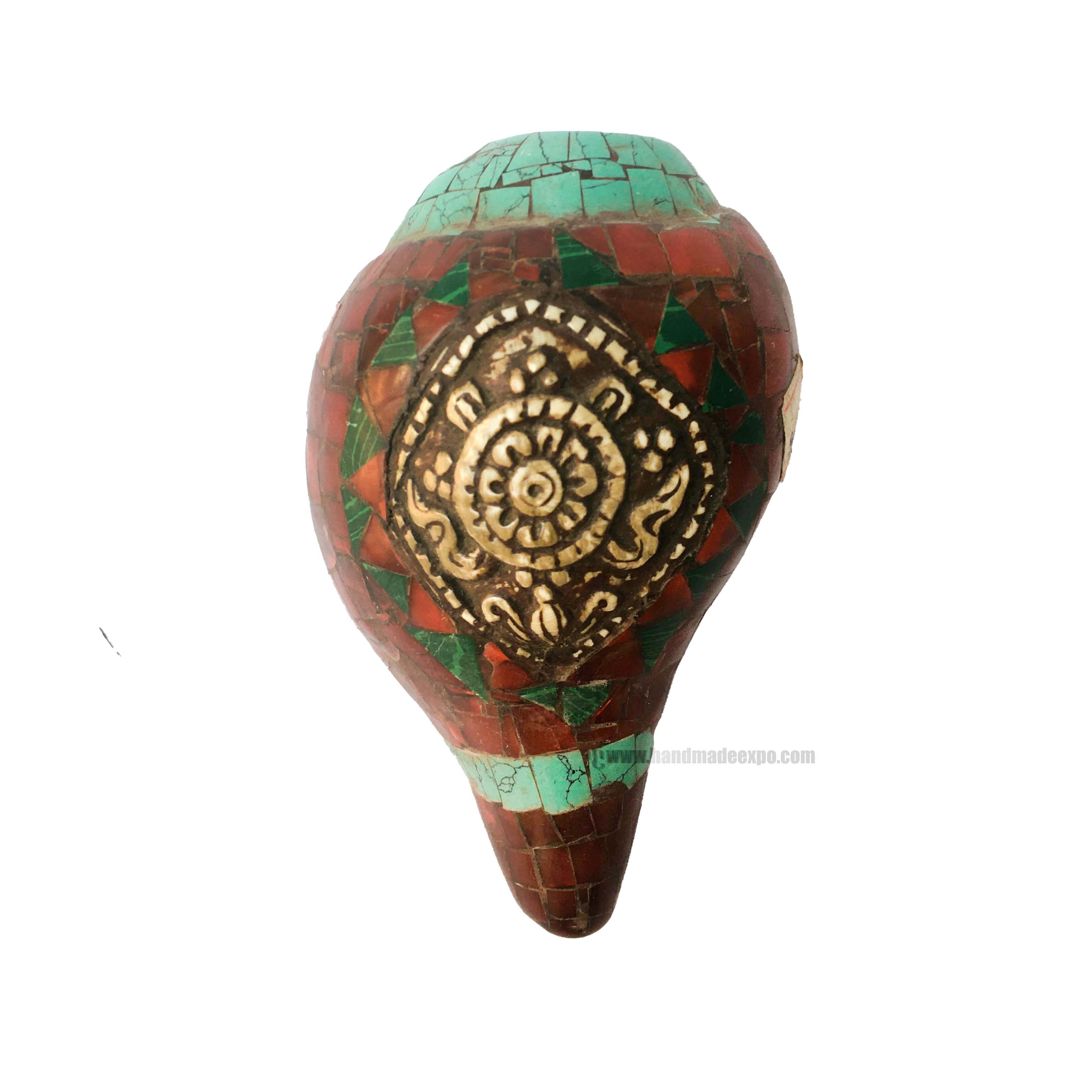 Conch Shell With Om Mani Padme Hum, brown And Green Color