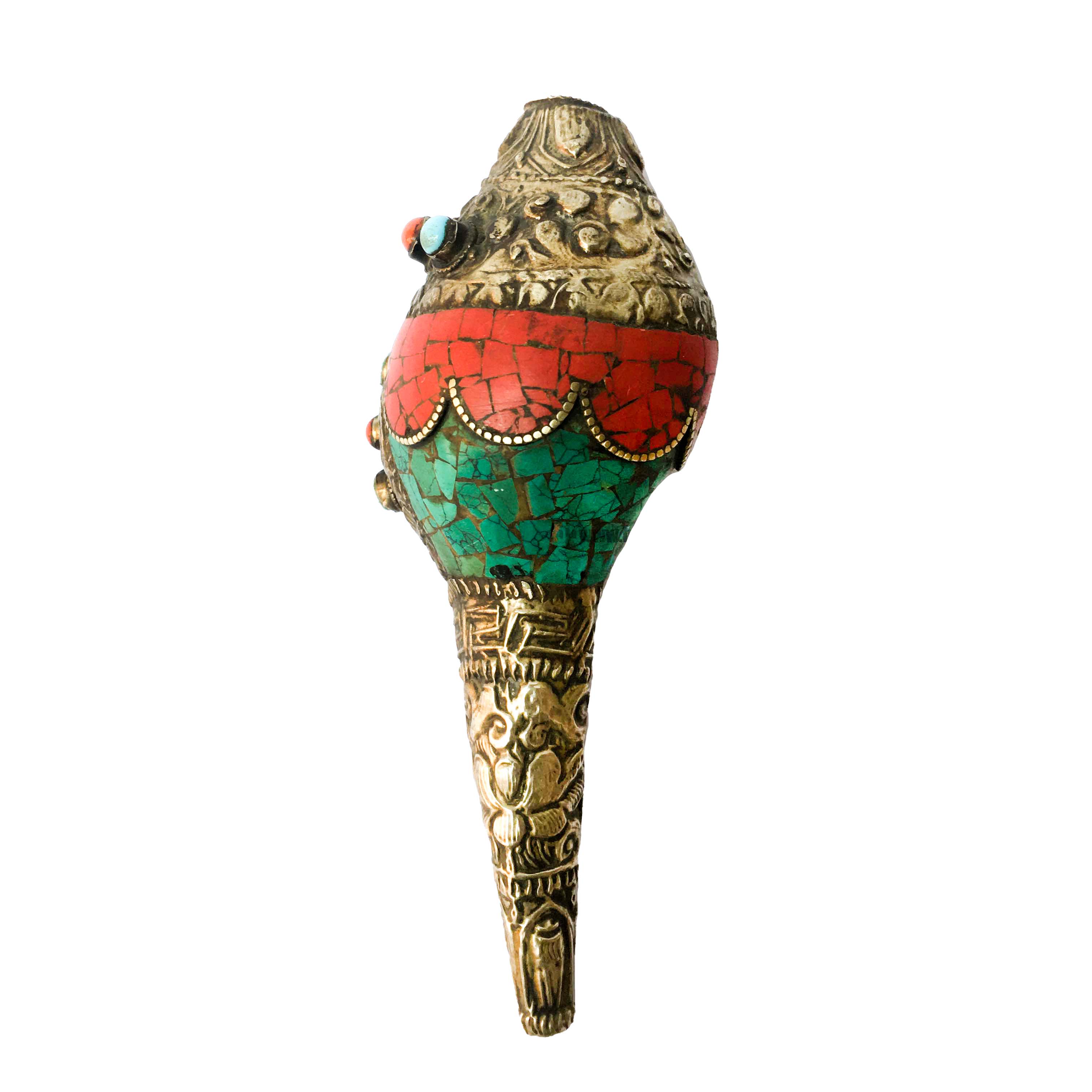 Conch Shell With Om Mani Padme Hum, And Stone Setting, white, Green And Red Color