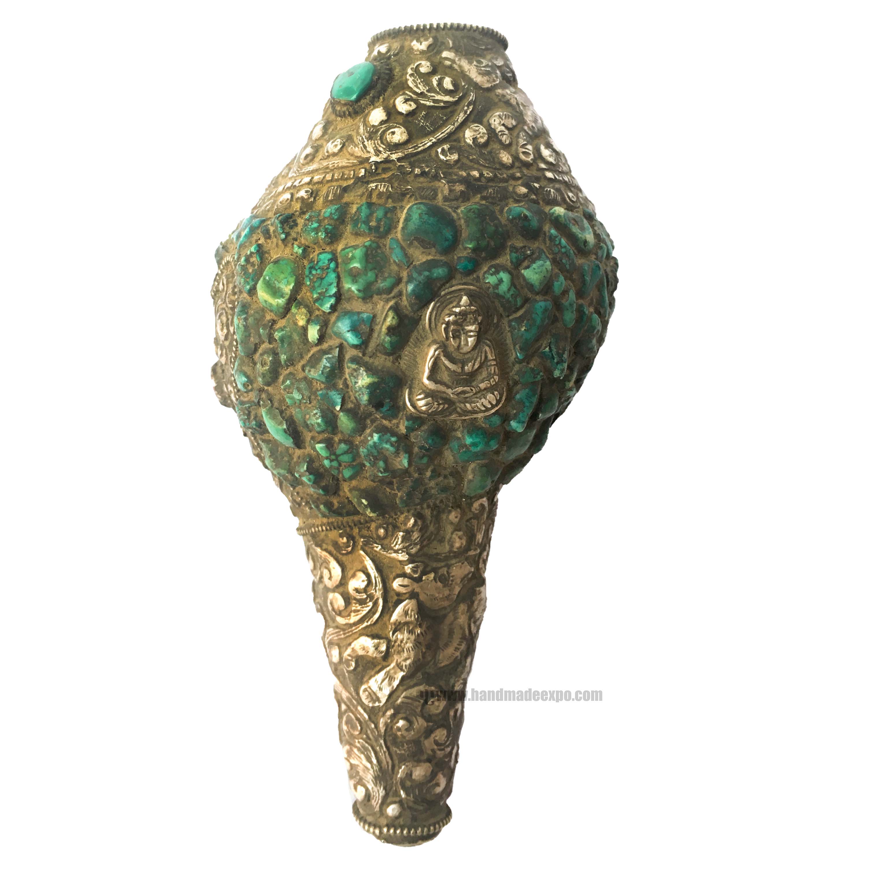 Conch Shell With Om Mani Padme Hum, And Stone Setting, green And White Color