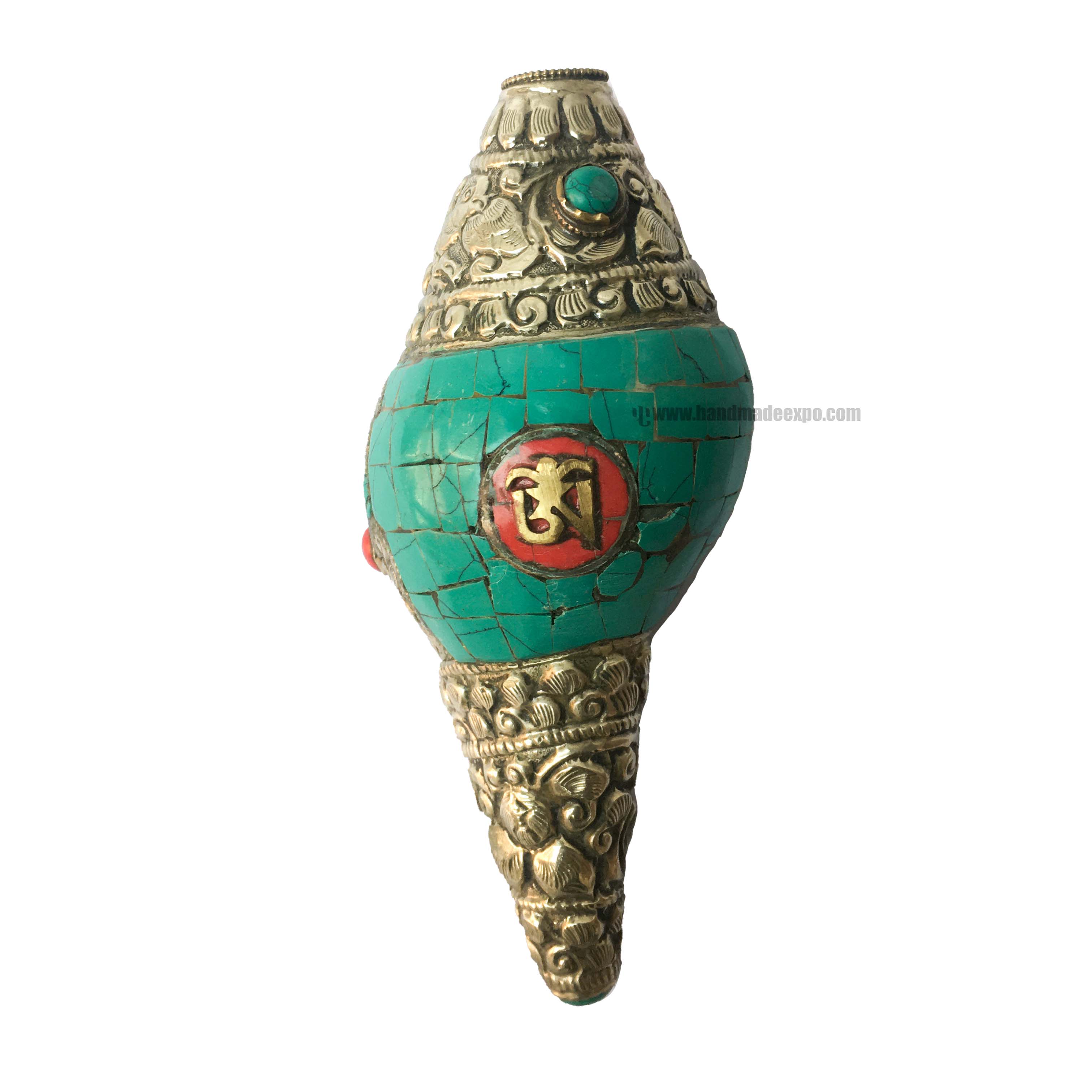 Conch Shell With Om Mani Padme Hum, And Stone Setting, green And White Color