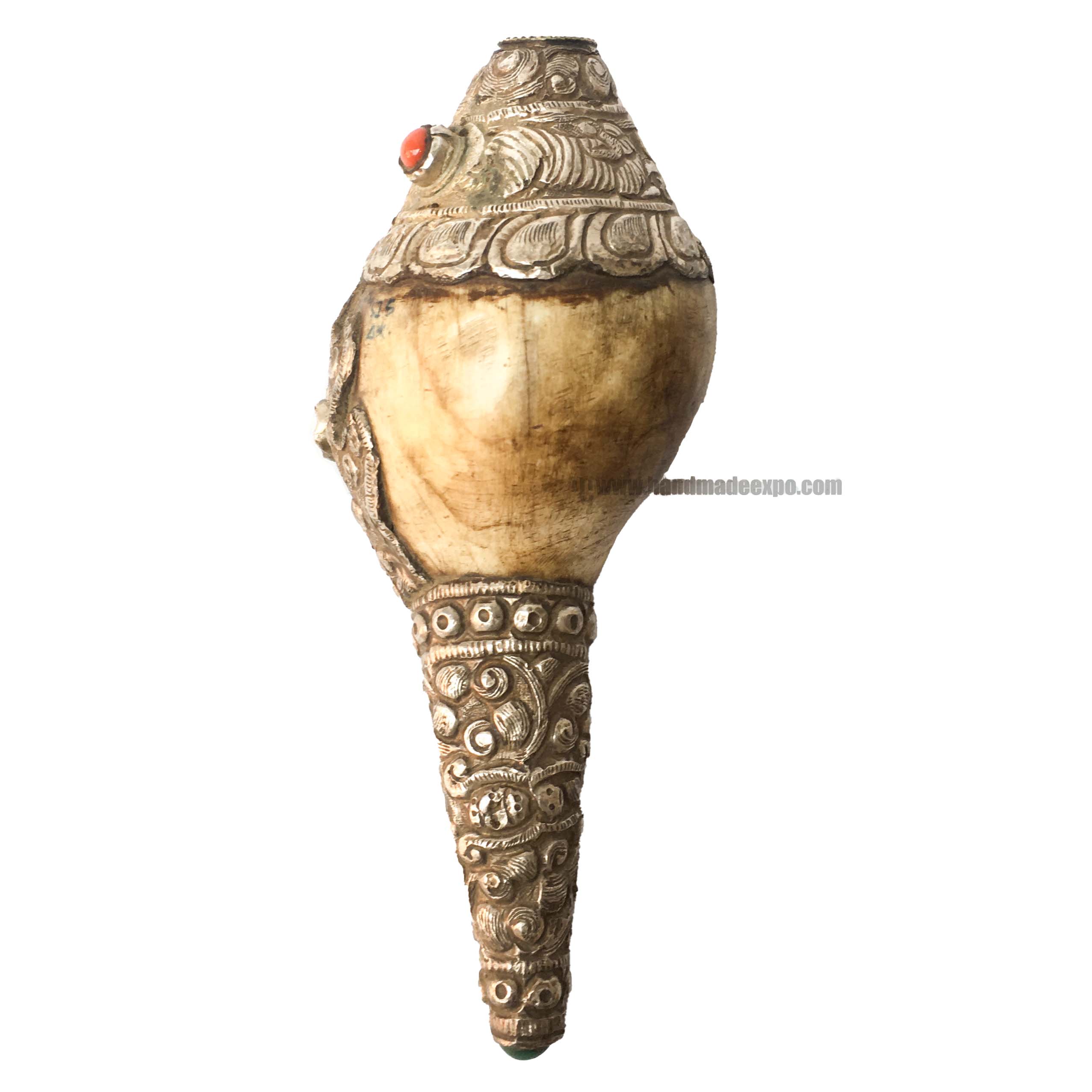 Conch Shell With Om Mani Padme Hum, And Stone Setting, white And Silver Color