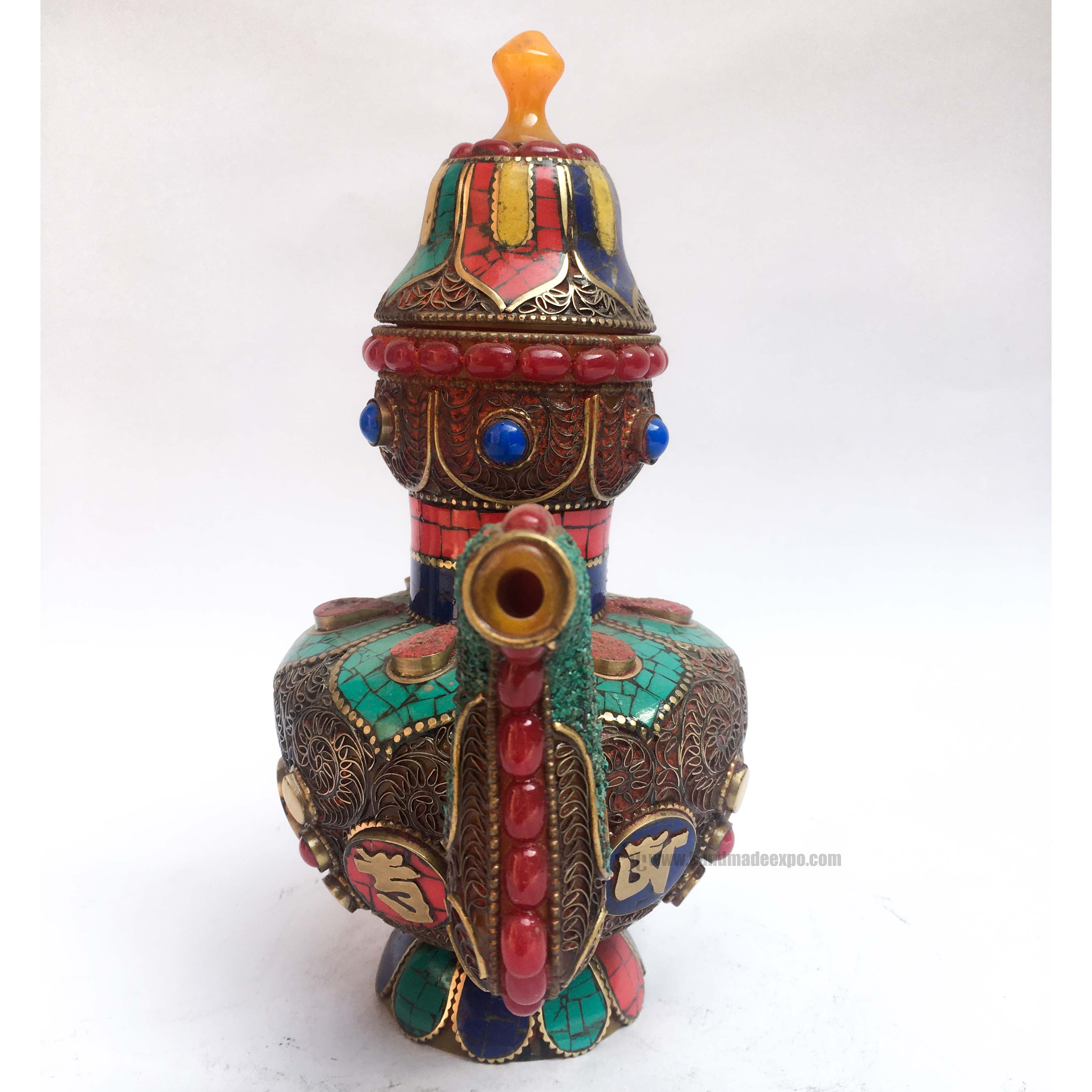 Tibetan Bhumpa- Bhumba Tea Pot, Multi Color, With Stone Setting