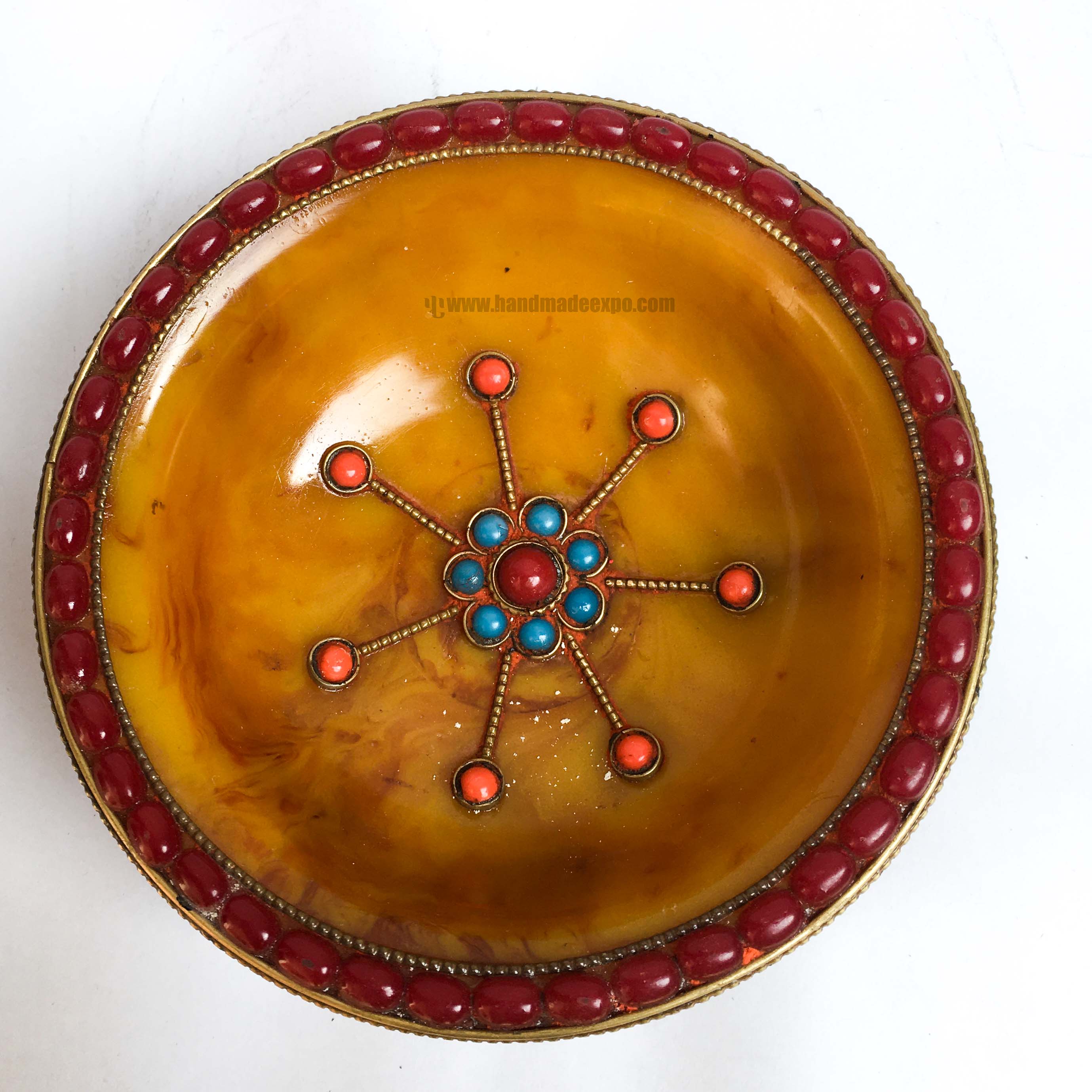 Imitation Amber Offering Bowl With Stone And metal Setting