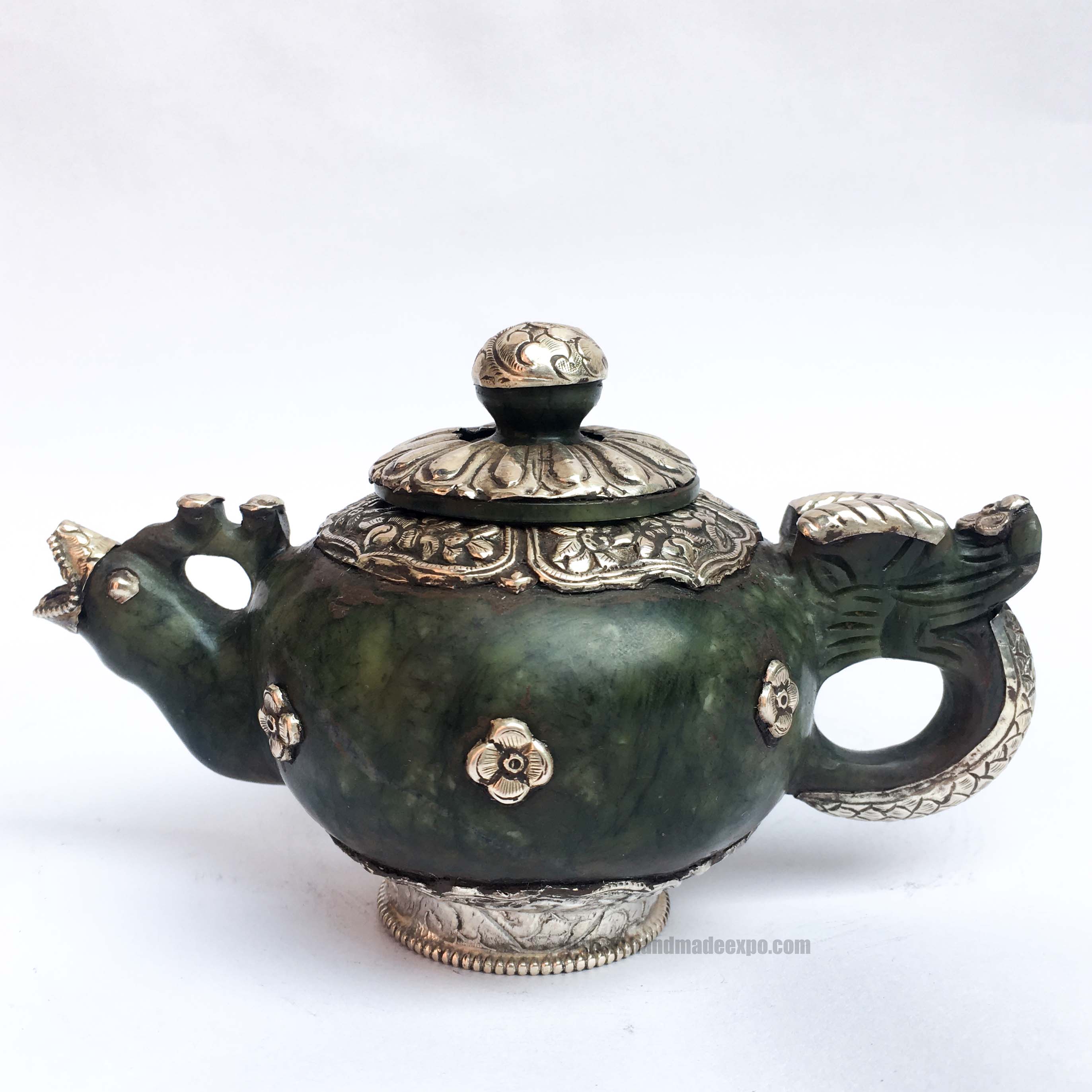 Tibetan Tea And Water Offering Vessel, Green Color, With 2 Tola Silver And Metal Siku Design, Offering Tea
