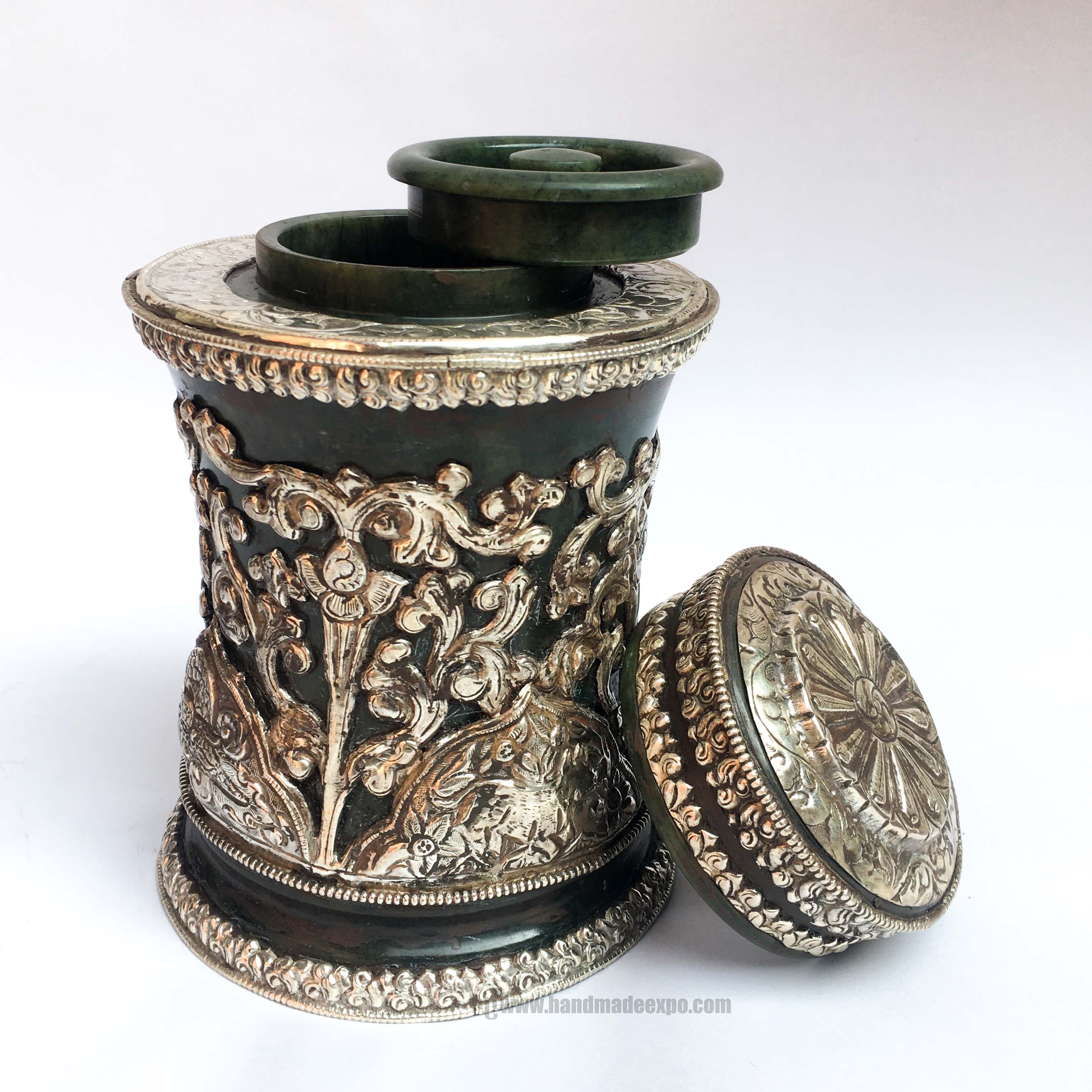 Tibetan Tea And Water Offering Vessel, Black Color, With 16 Tola Silver And Metal Siku Design, Offering Tea