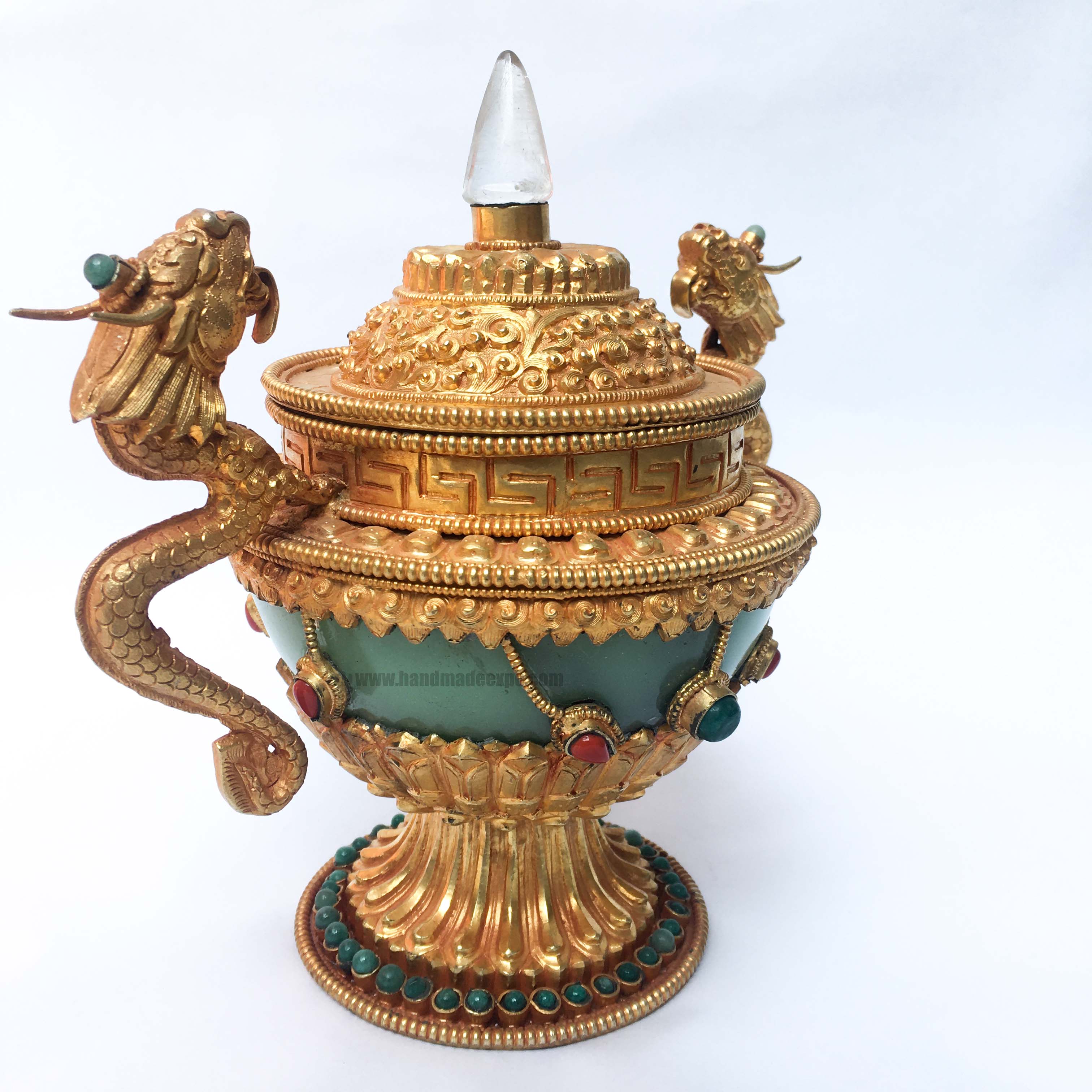 Imitation Jade Dophor, Nesi, Vessel For Offering Rice, With Dragon Design And Stone And metal Setting, gold Plated, hong Kong Jade