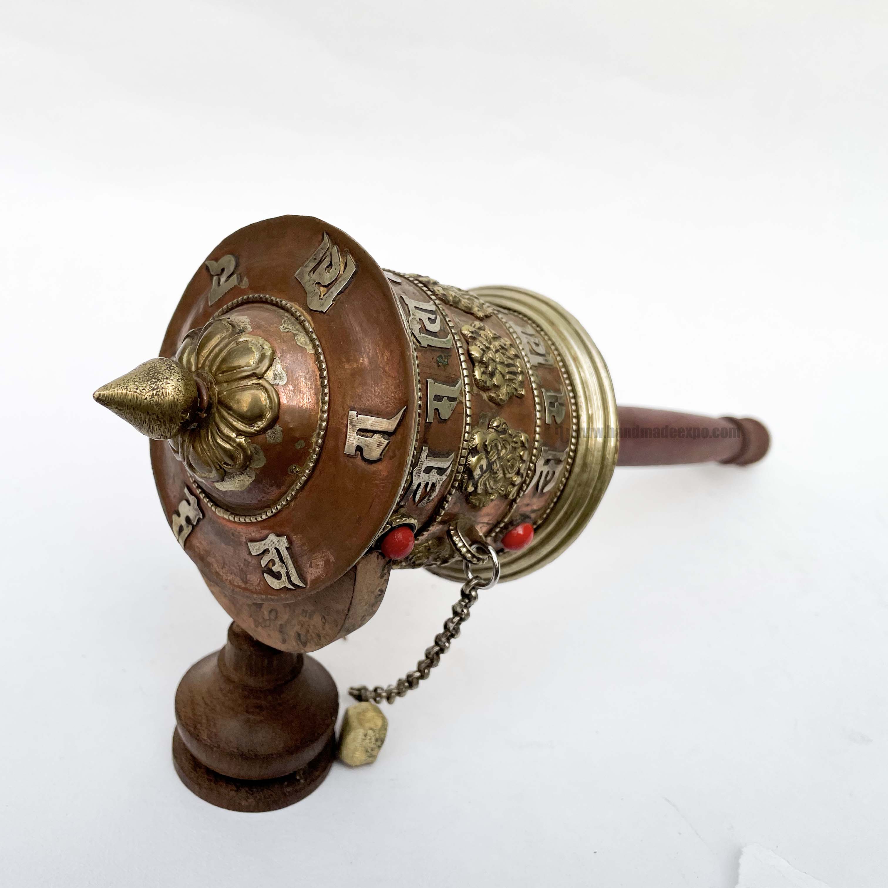 Ashtamangala Brass Hand Held With Mantra Prayer Wheel, stone Setting