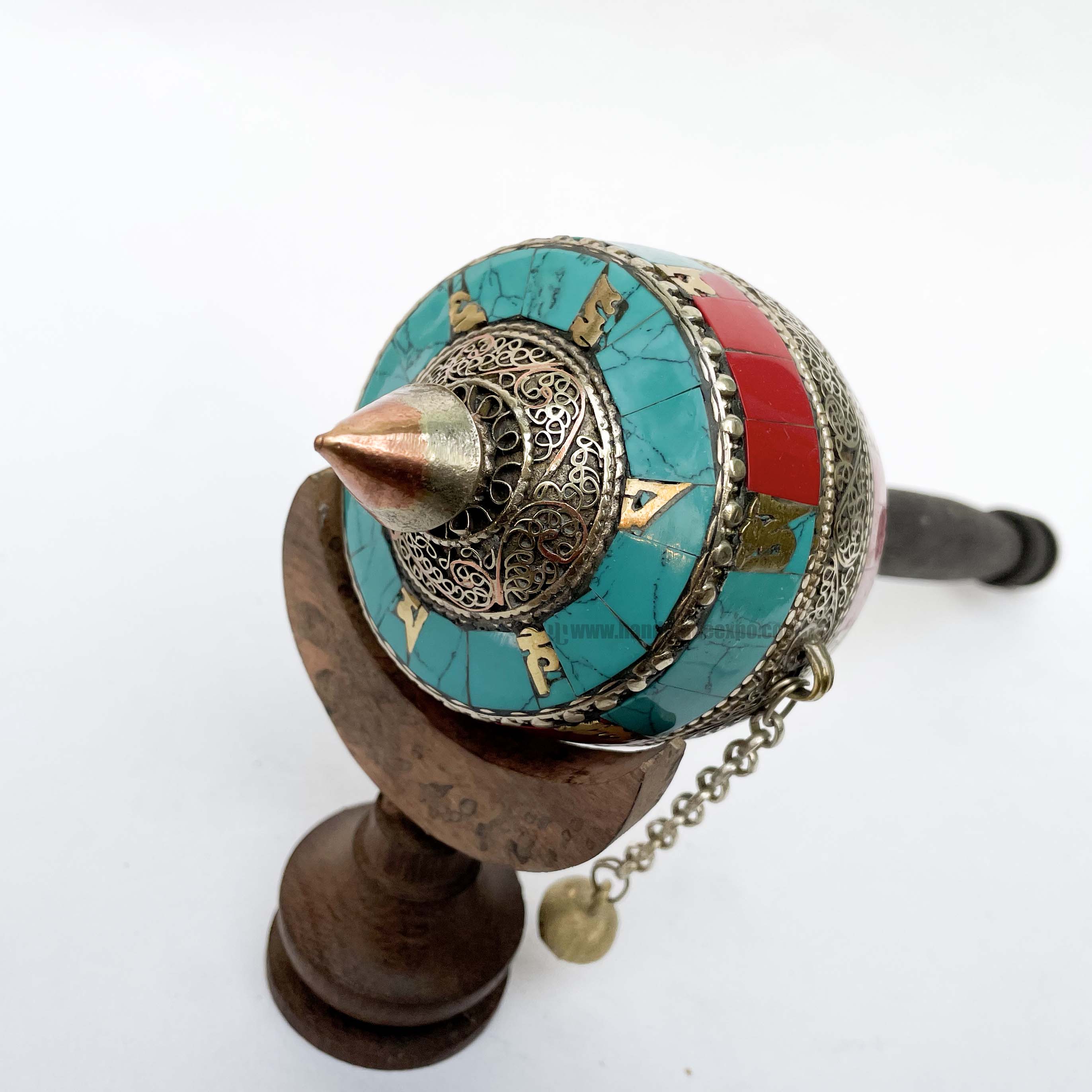 Brass Hand Held With Mantra Prayer Wheel, blue And Red Color