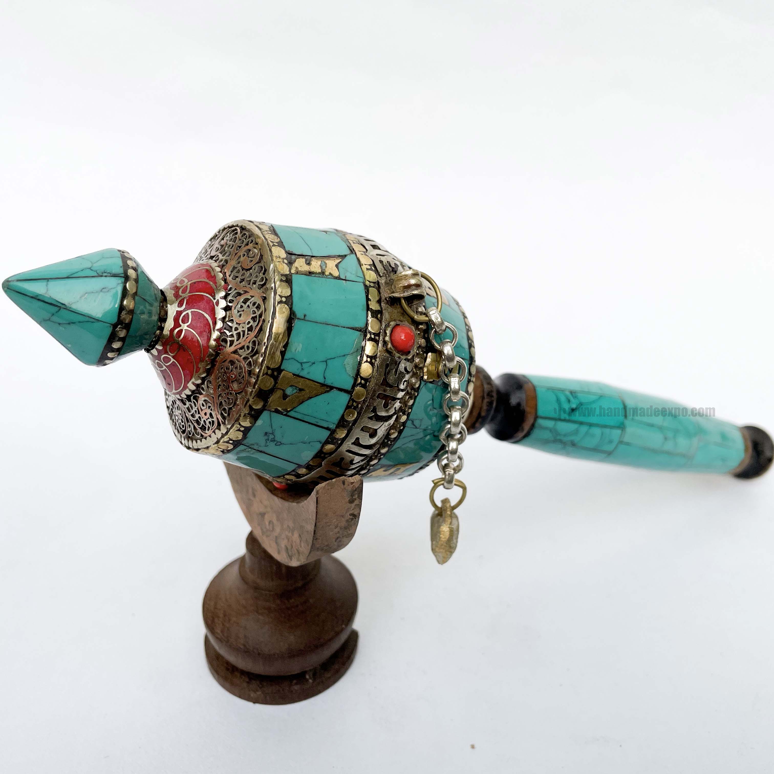 Brass Hand Held With Mantra Prayer Wheel, stone Setting, Blue And Red Color