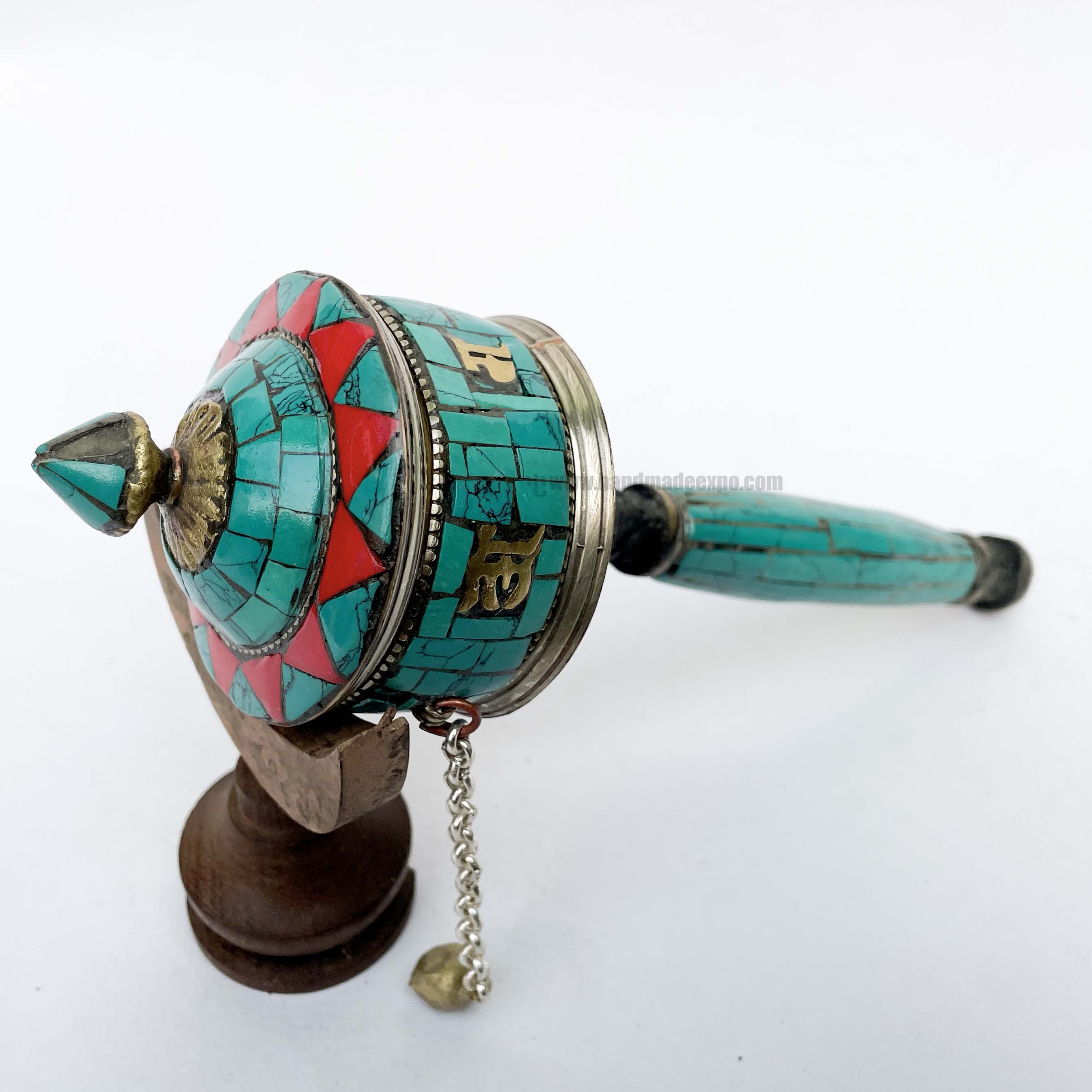 Brass Hand Held With Mantra Prayer Wheel, stone Setting, Blue And Red Color