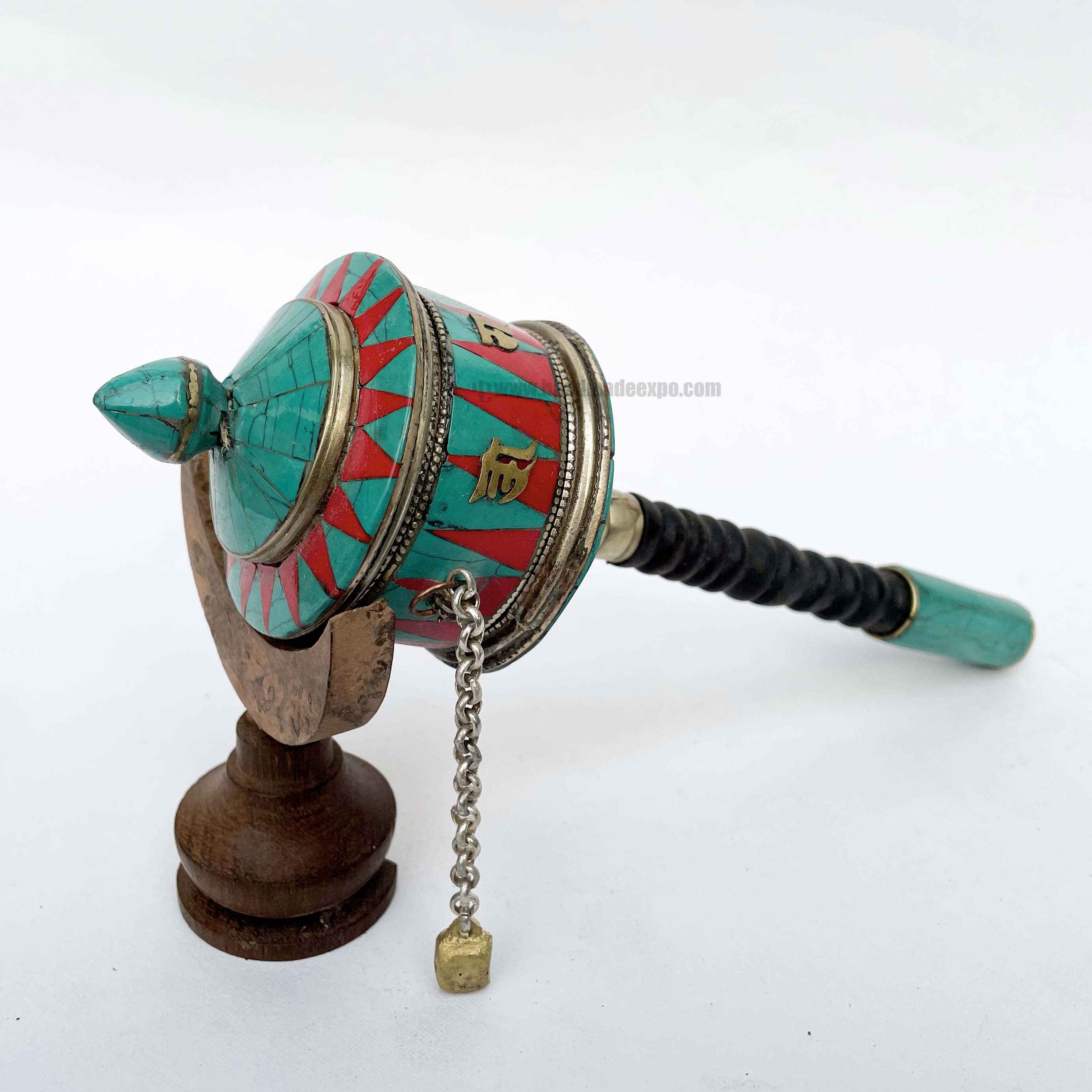 Brass Hand Held With Mantra Prayer Wheel, stone Setting, Blue And Red Color