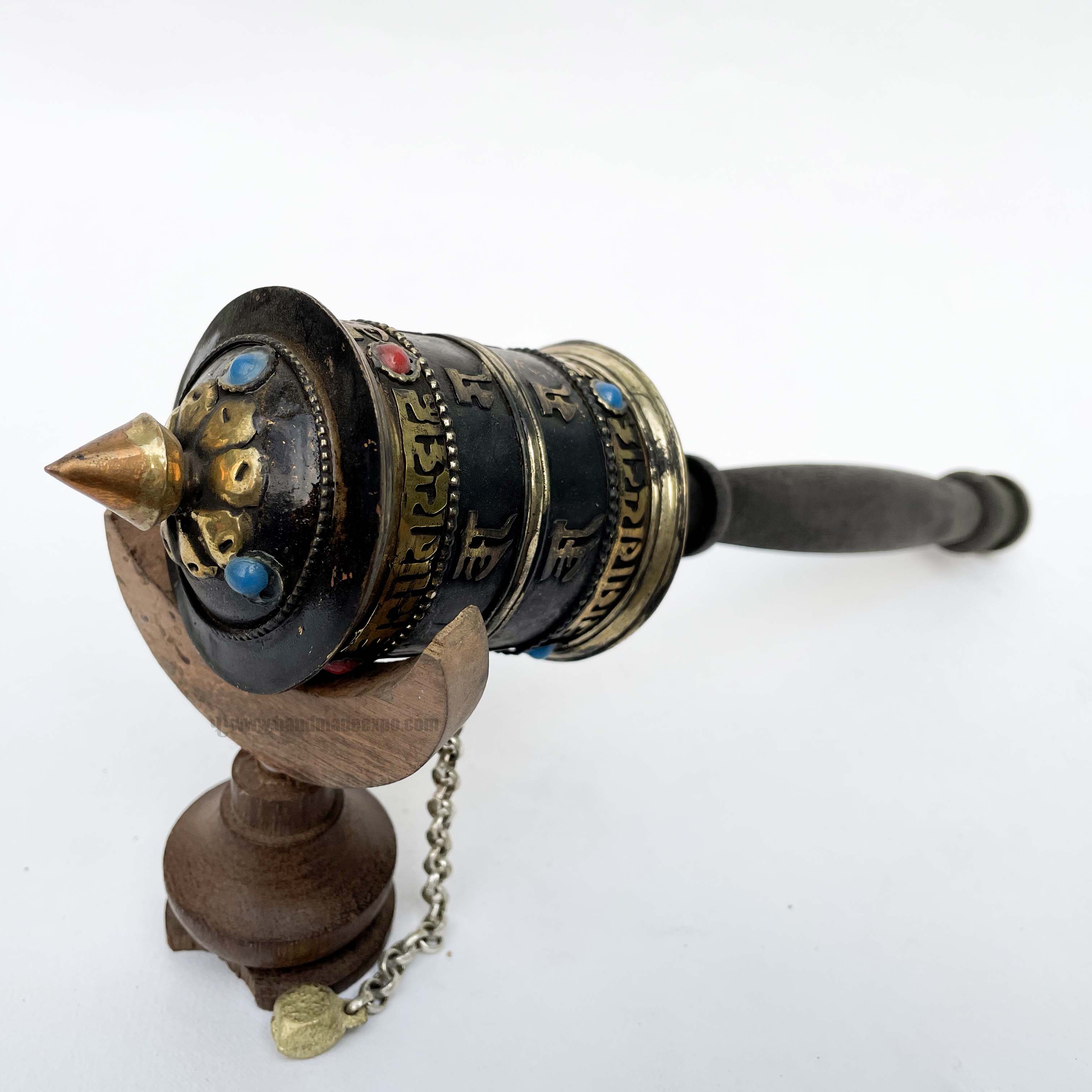 Brass Hand Held With Mantra Prayer Wheel, stone Setting, Black Color