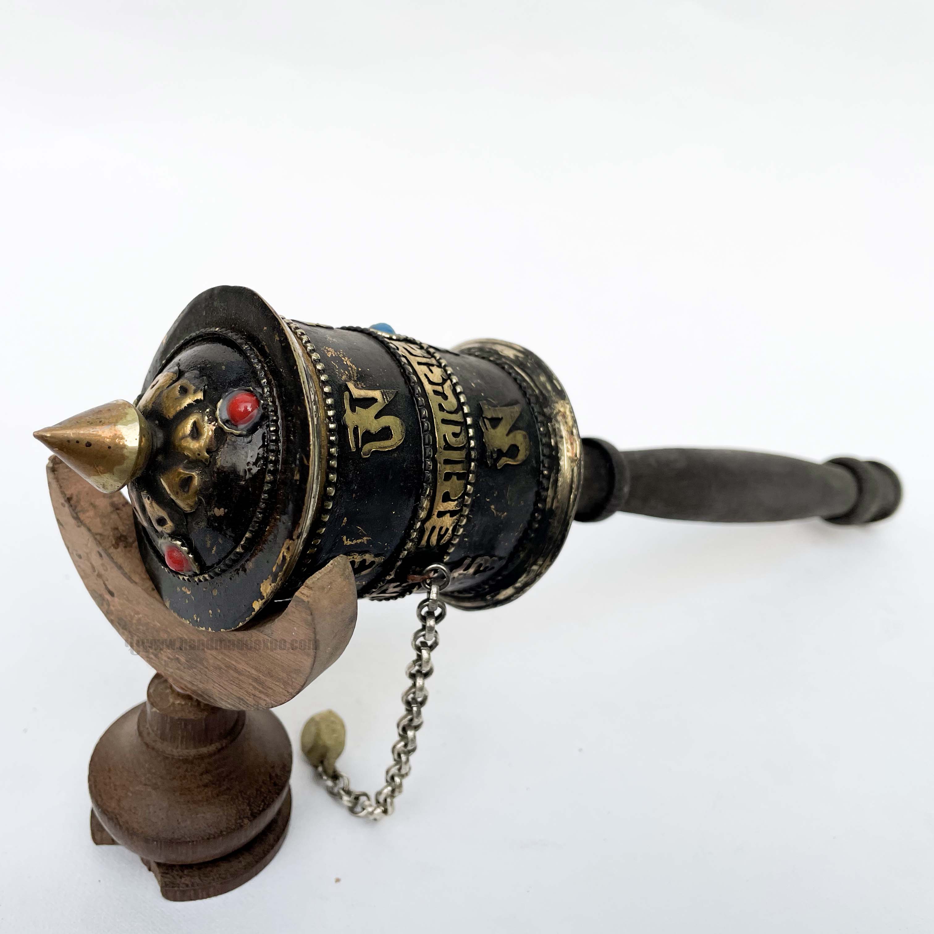 Brass Hand Held With Mantra Prayer Wheel, stone Setting, Black Color