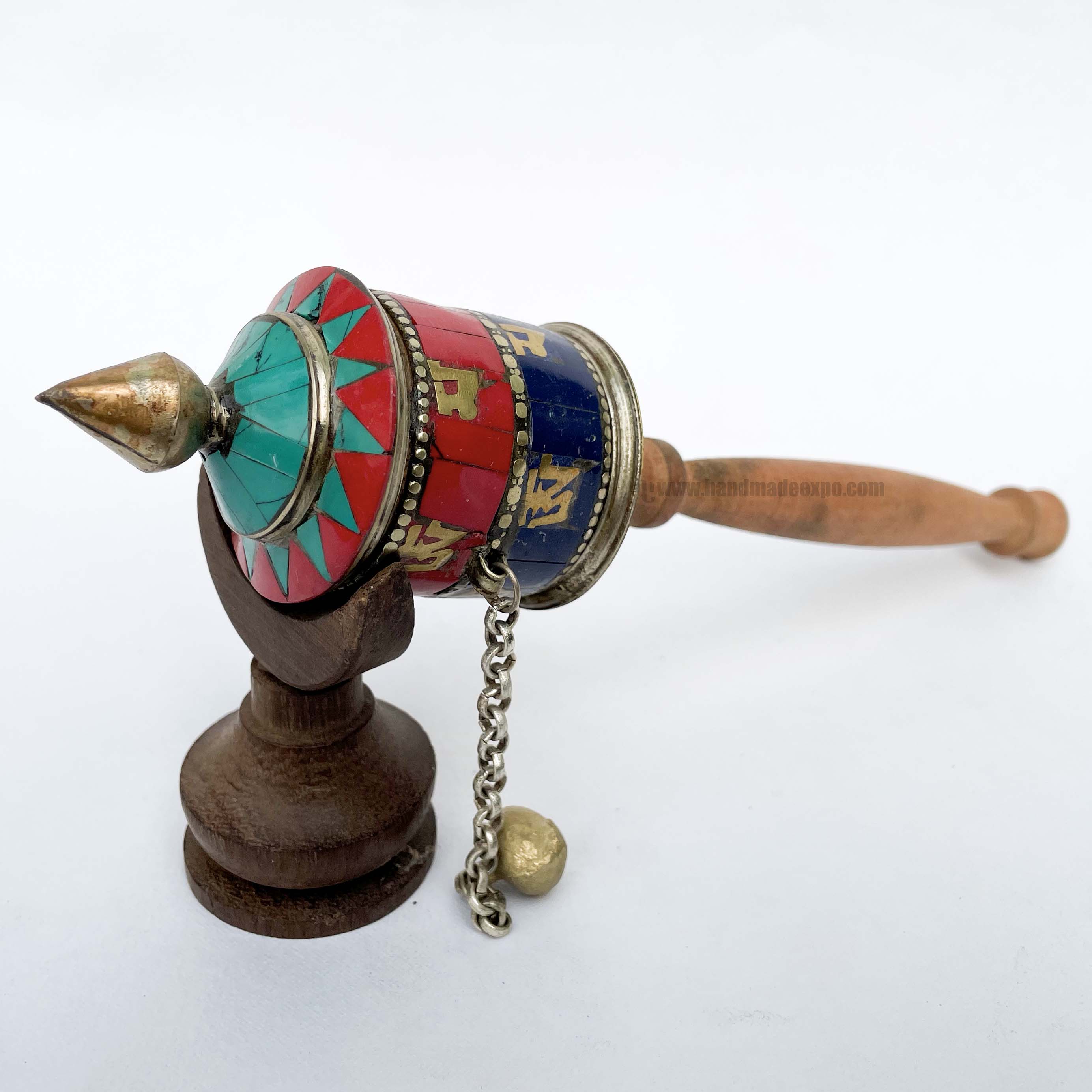 Brass Hand Held With Mantra Prayer Wheel, blue And Red Color