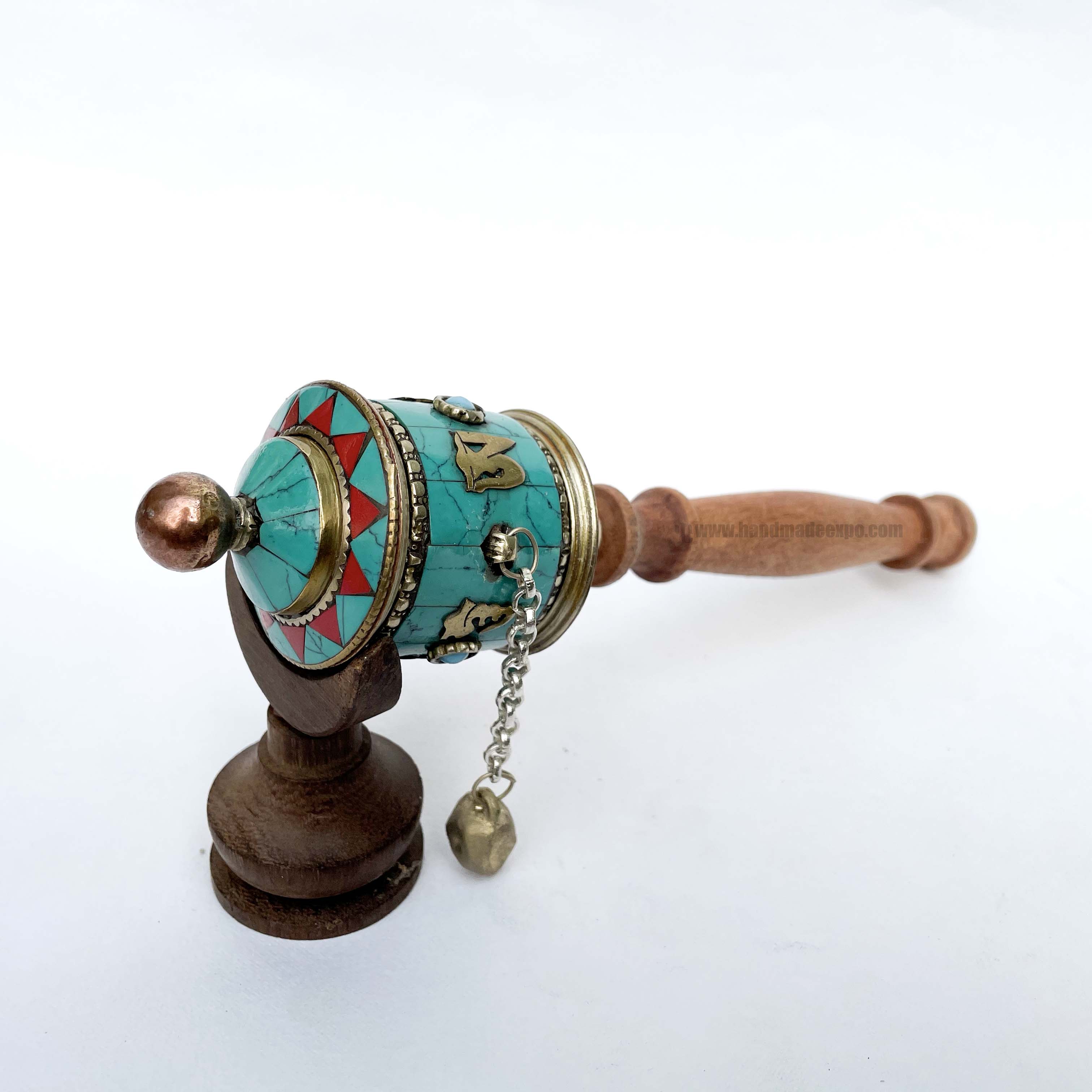 Sikku Brass Hand Held With Mantra Prayer Wheel, stone Setting, Blue Color