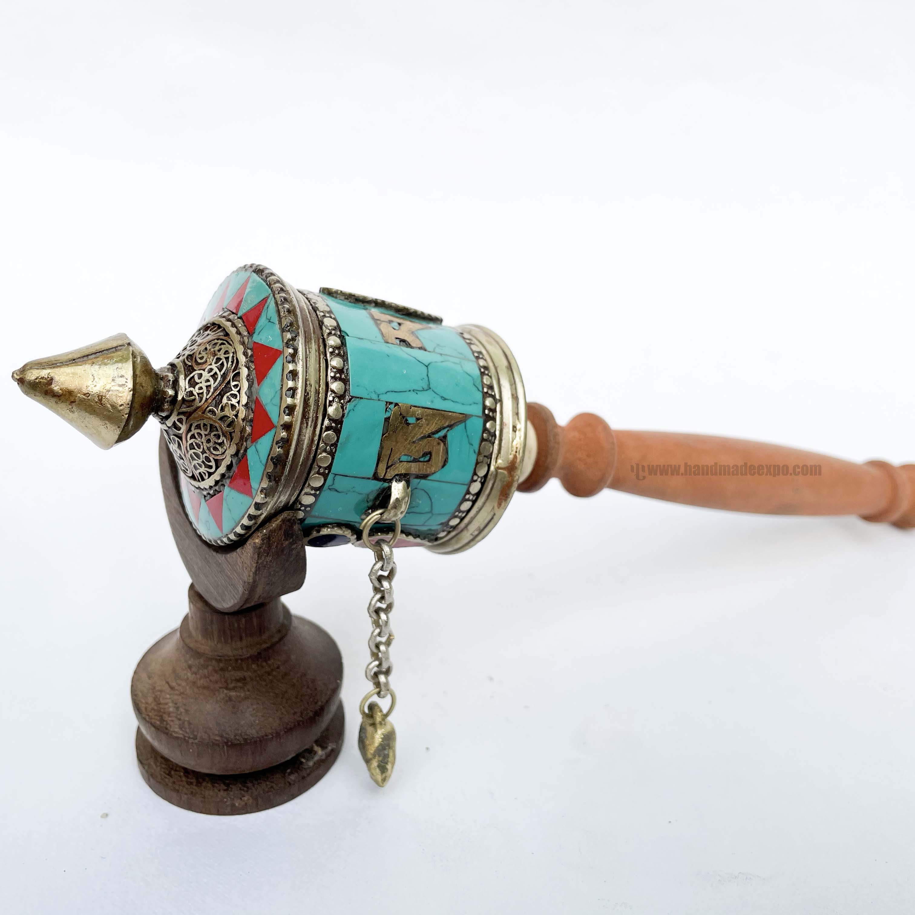 Sikku Brass Hand Held With Mantra Prayer Wheel, blue Color