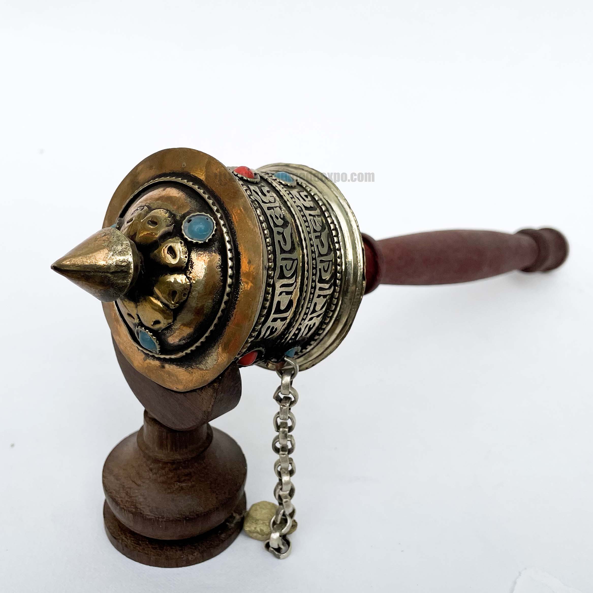 Brass Hand Held With Mantra Prayer Wheel, stone Setting