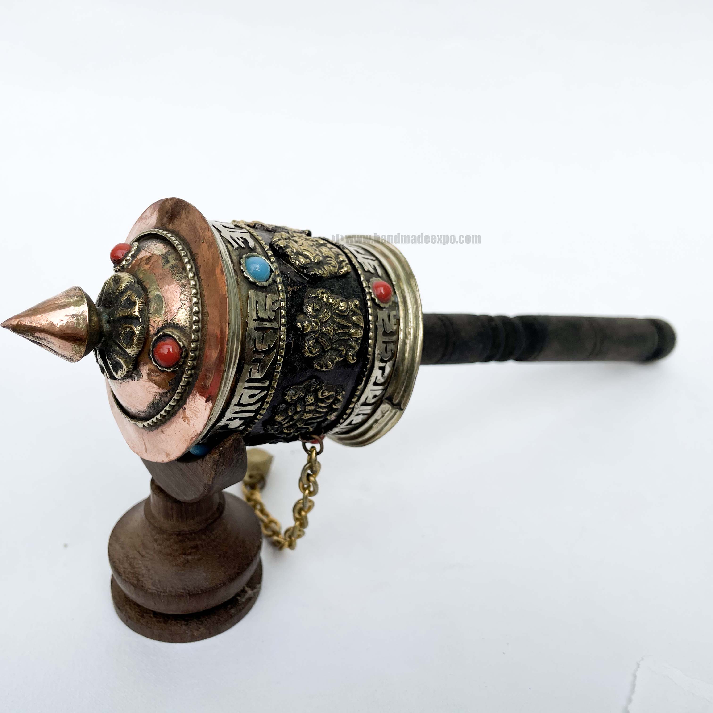 Brass Hand Held With Mantra Prayer Wheel, stone Setting, Black And Golden Color