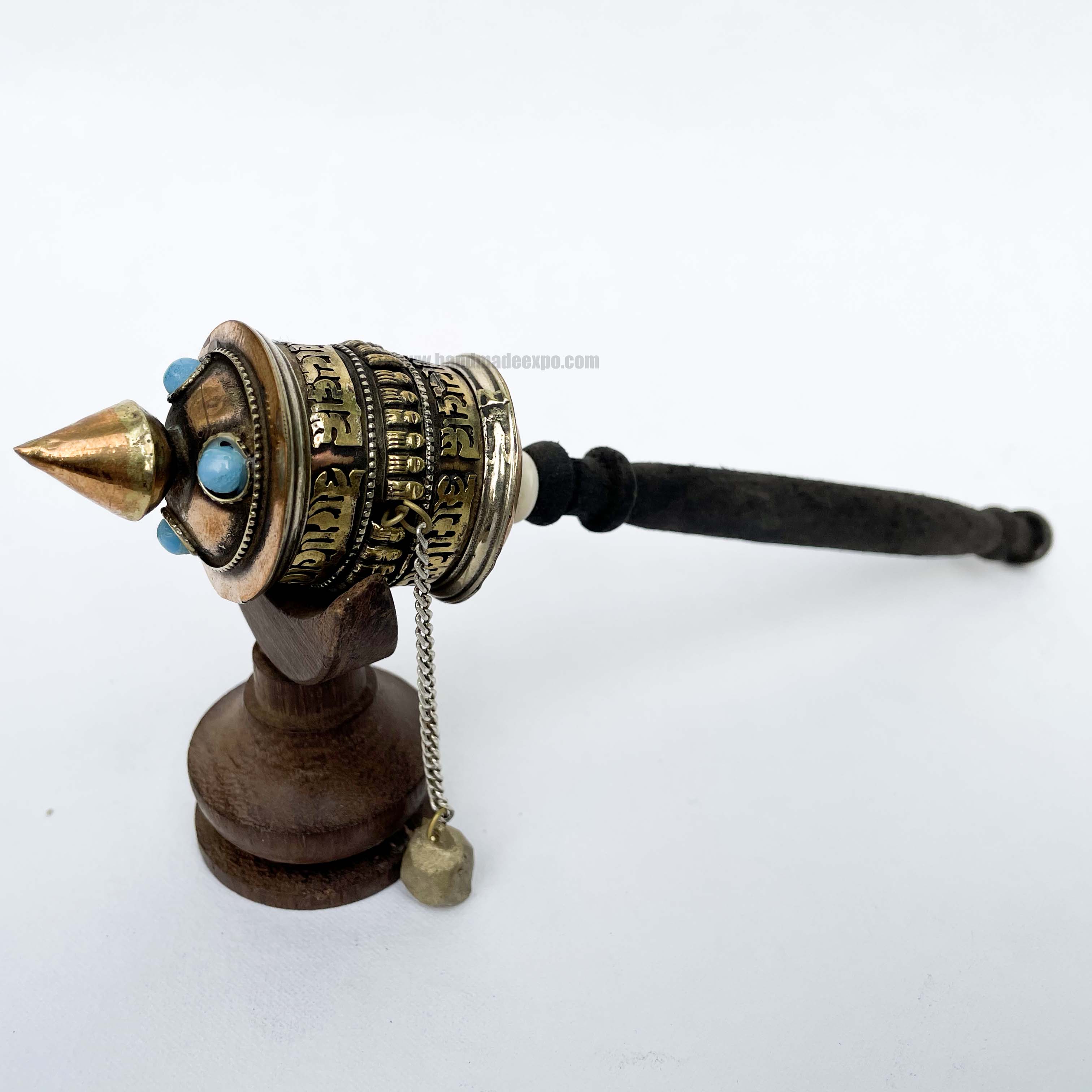 Brass Hand Held With Mantra Prayer Wheel, stone Setting