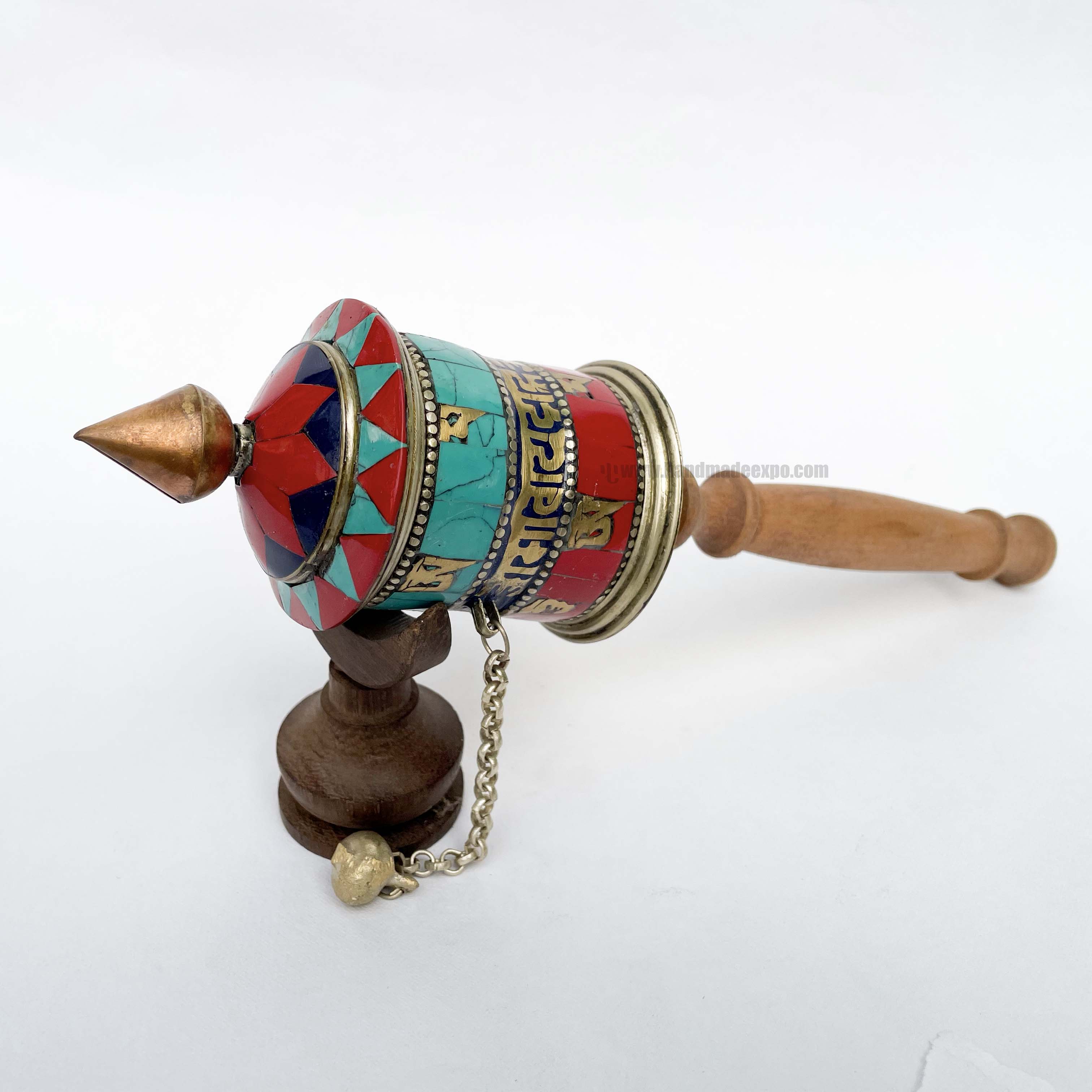 Brass Hand Held With Mantra Prayer Wheel, red And Blue Color