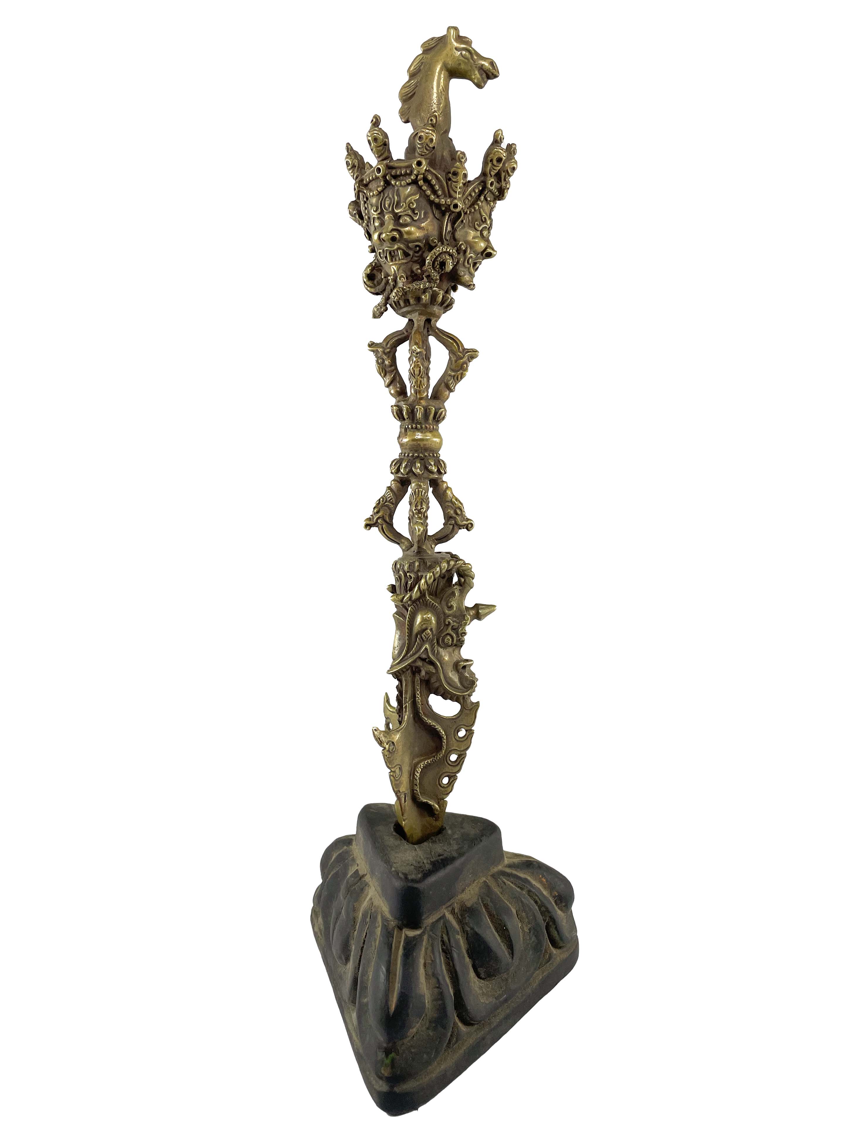 Bronze, Hayagriva - Heruka Phurba With Dorje And Makar On A Wooden Stand Bronze Finishing.