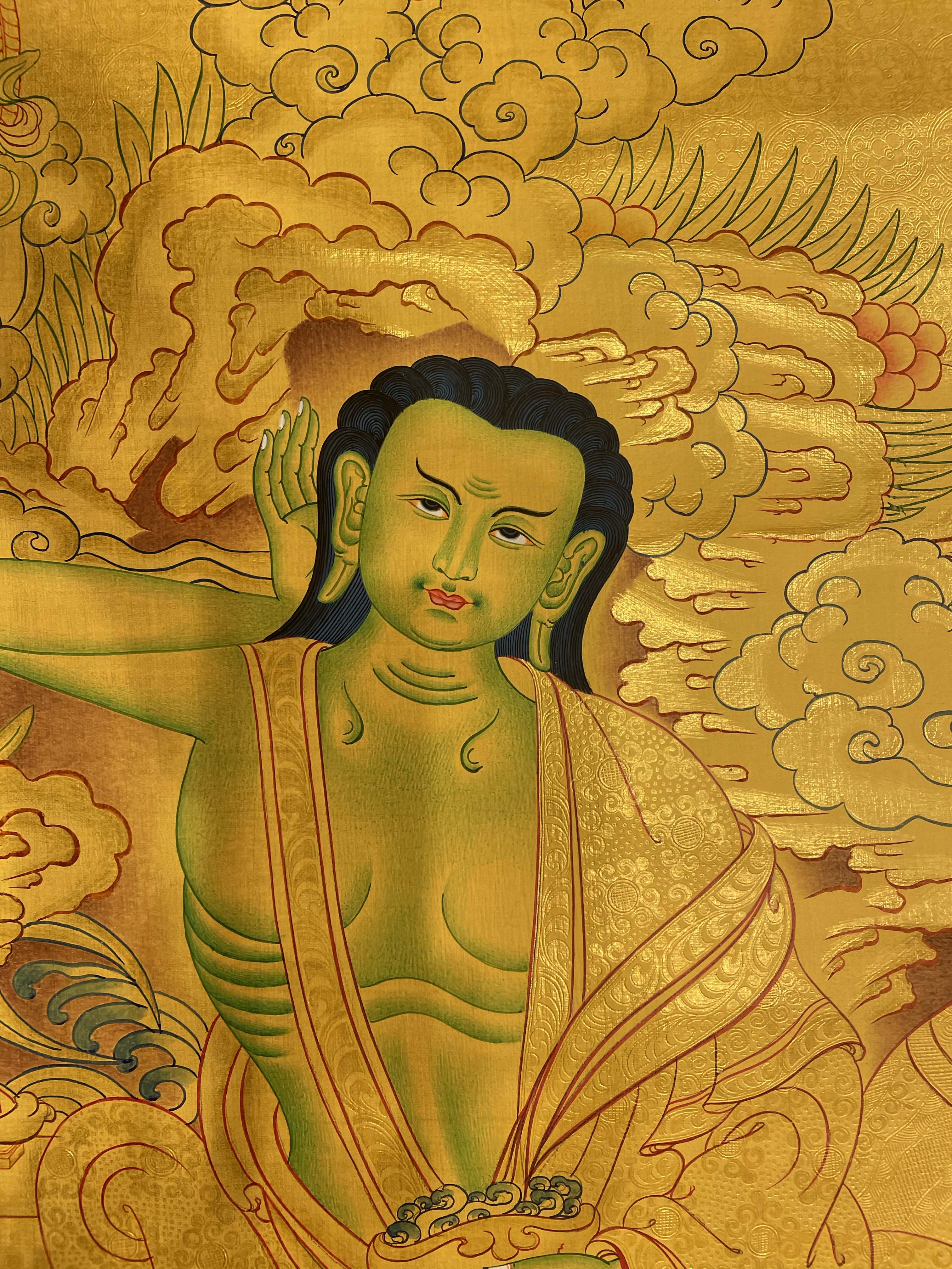 Buddhist Hand Painted Thangka Of Milarepa, real Gold, Lama`s Art With Marpha, Gamepapa And Mahakala