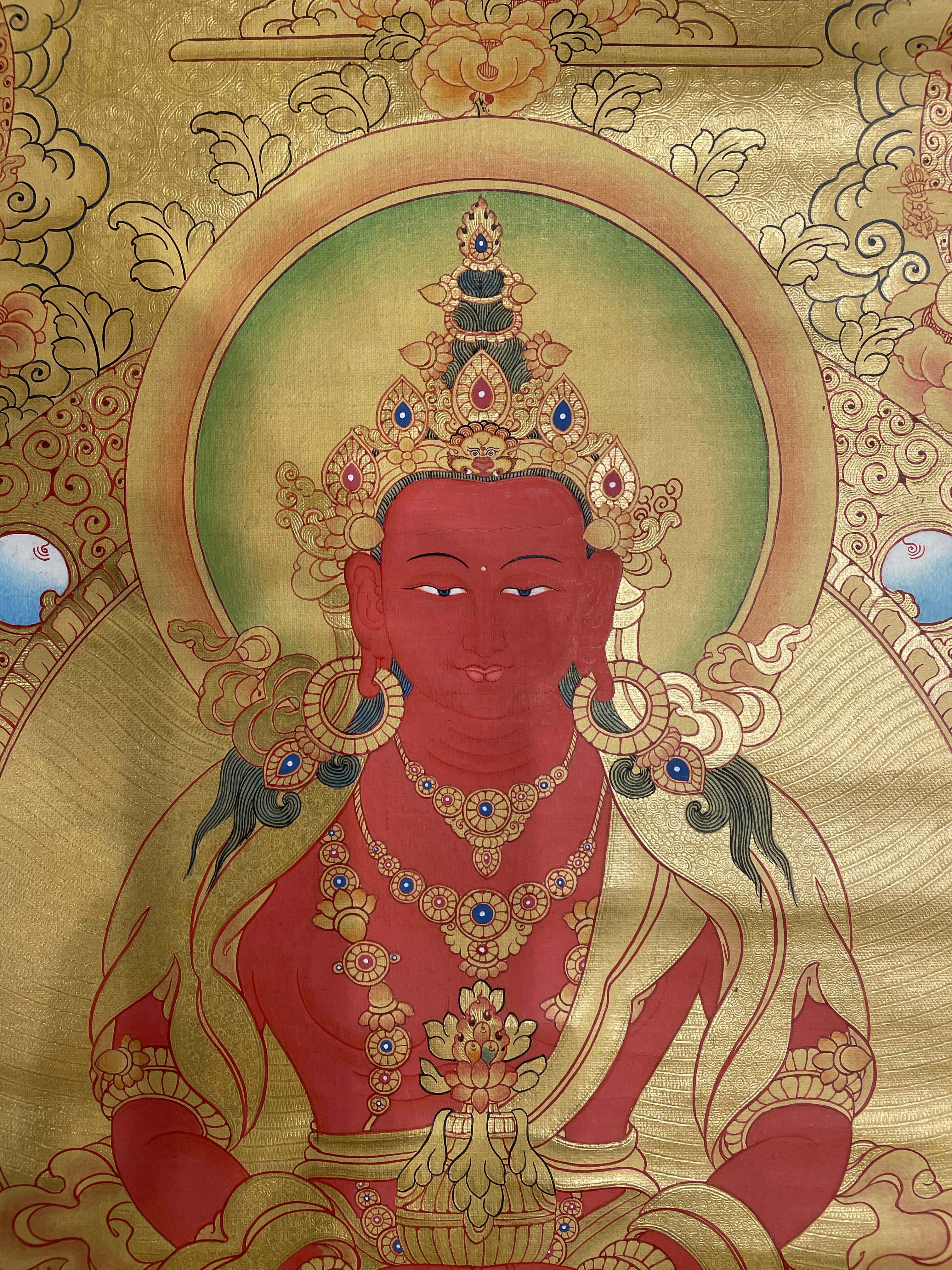 Buddhist Hand Painted Thangka Of Amitayus, real Gold, long Life Thangka, Lamas Art, With Healers white Tara And Namgyalma