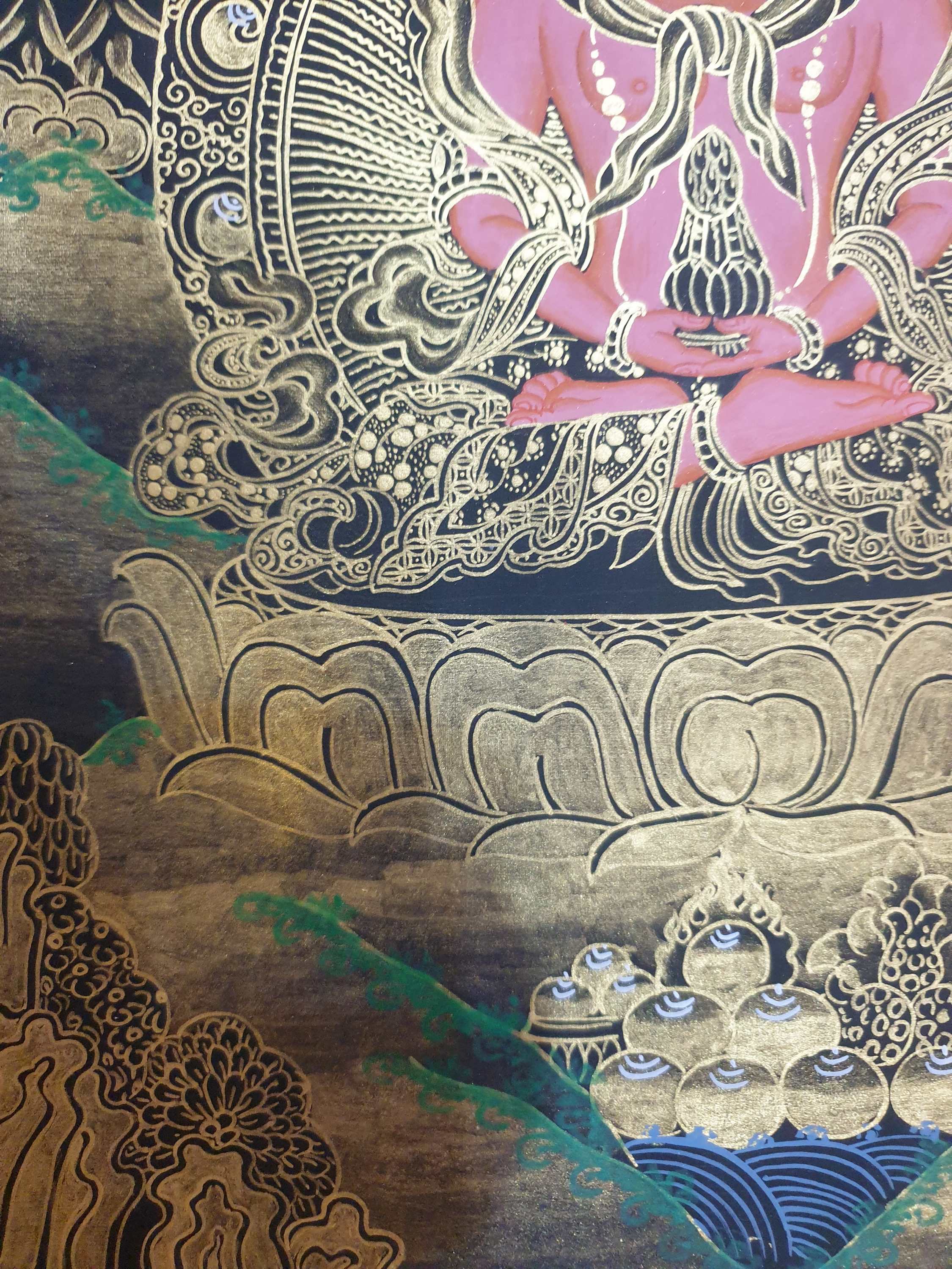 Buddhist Thangka Of Aparimita Thangka, black And Golden, Chepame, Amitayus