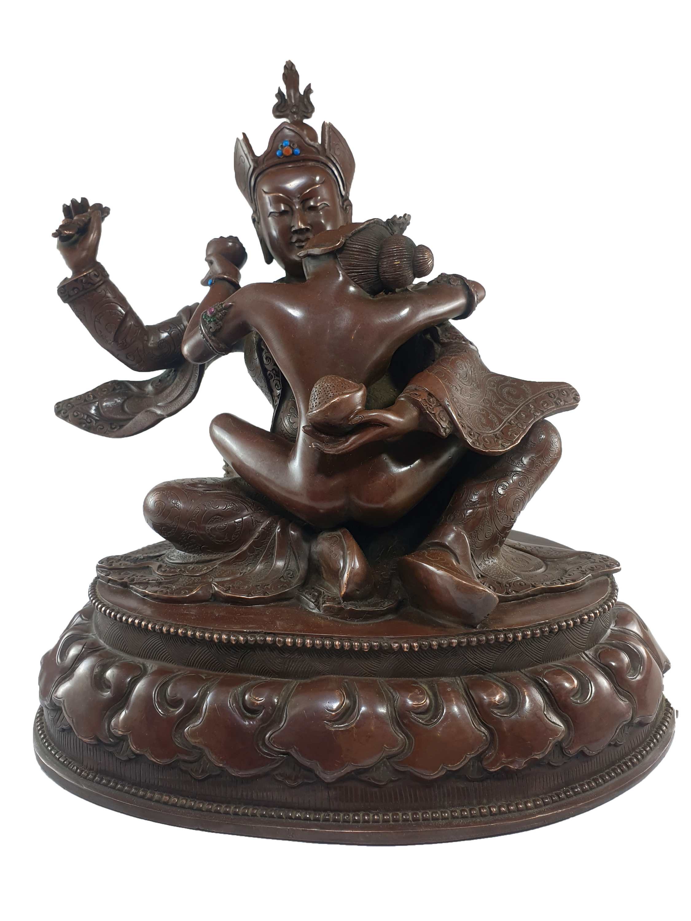 hq Buddhist Statue Of Guru Padmasambhava With Consort, shakti, Yab-yum copper Plated, chocolate Oxidized