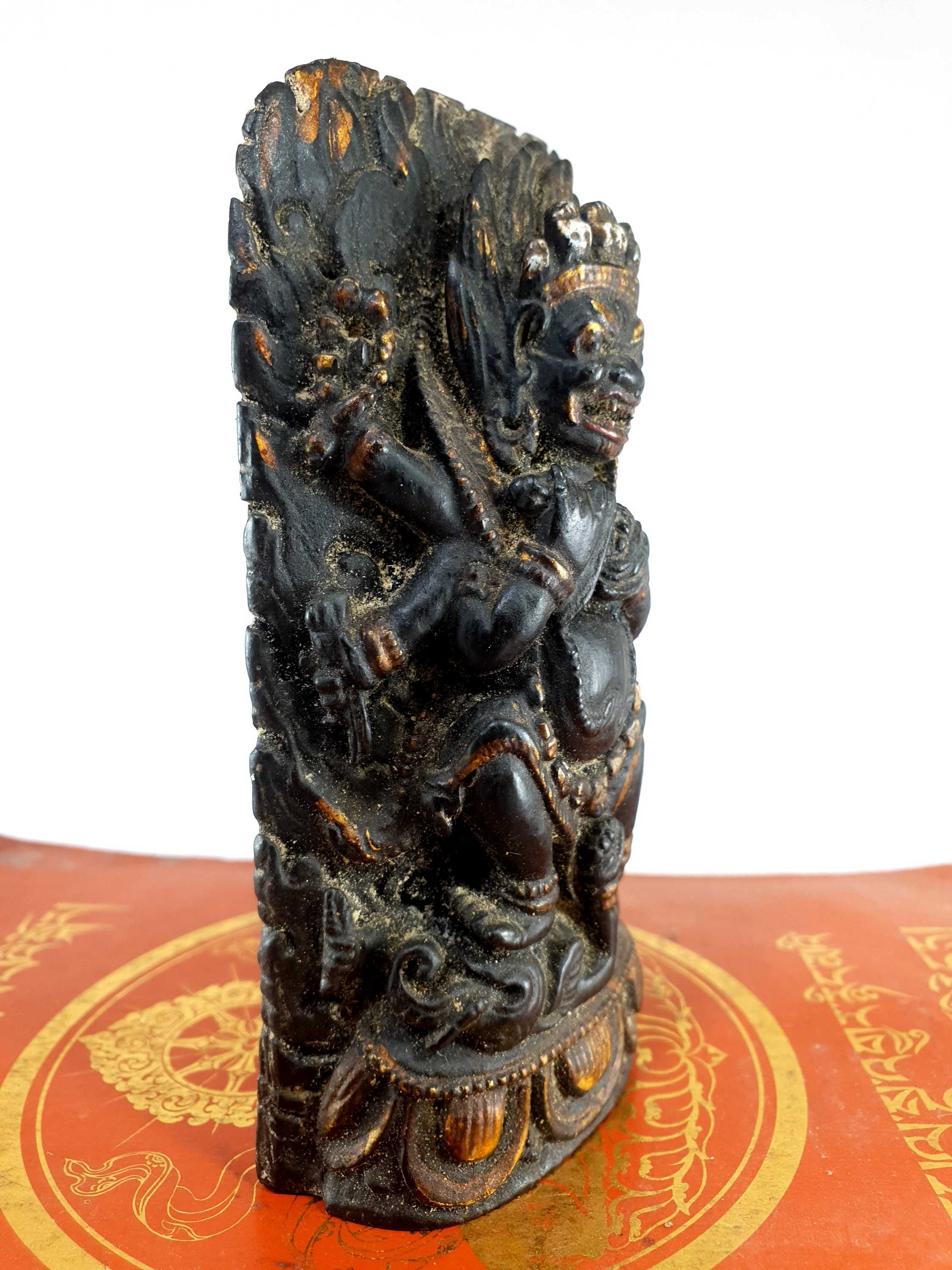 Statue Of Mahakala - Black, Wooden golden Michelia, hand Carved, antique Finishing