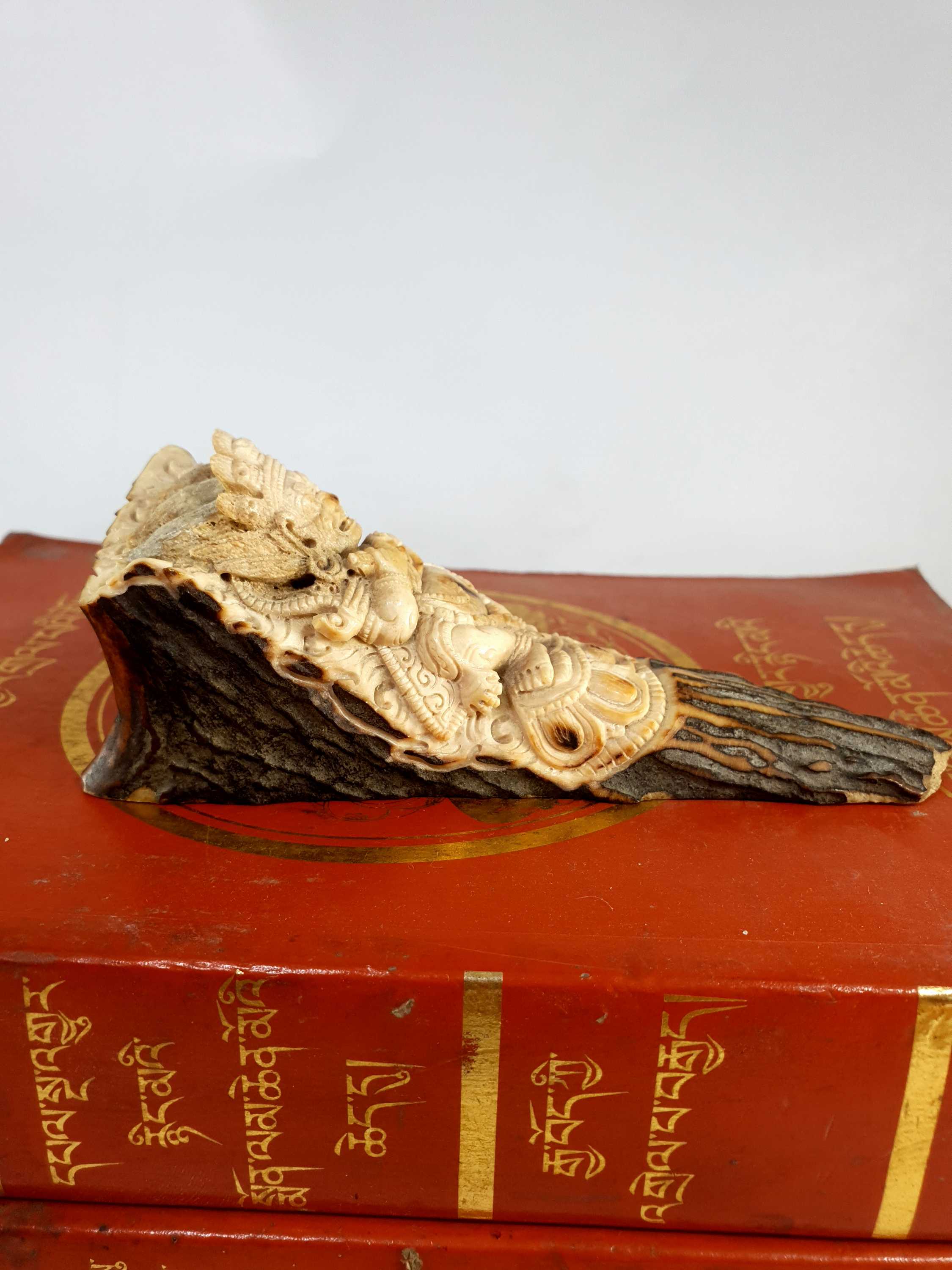 Buddhist Mahakala Carved In Yak Bone, On A Wooden Stand