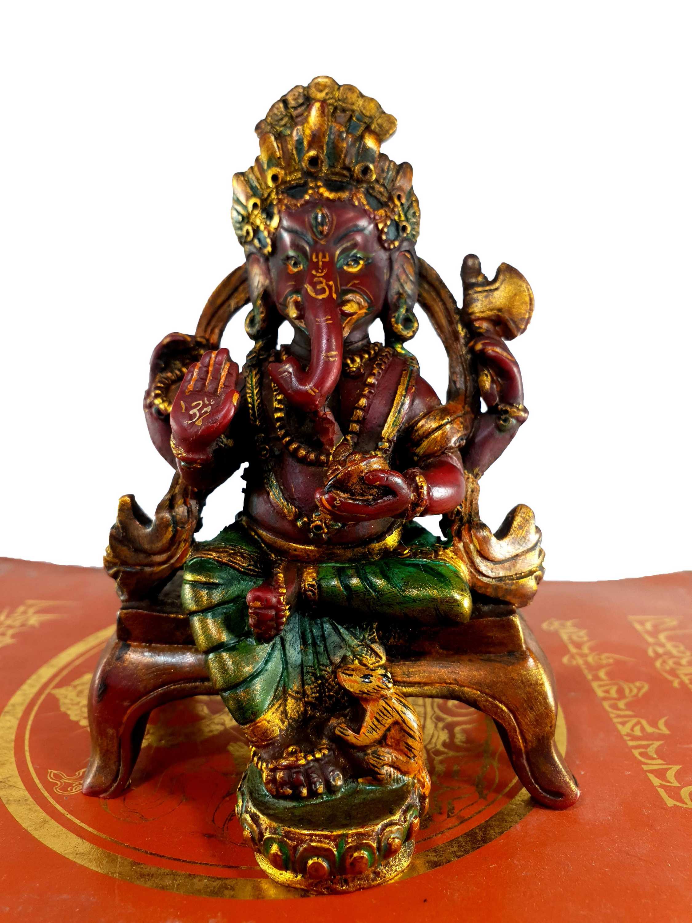 Resin Statue Of Ganesh traditional Color Painted, red And Green
