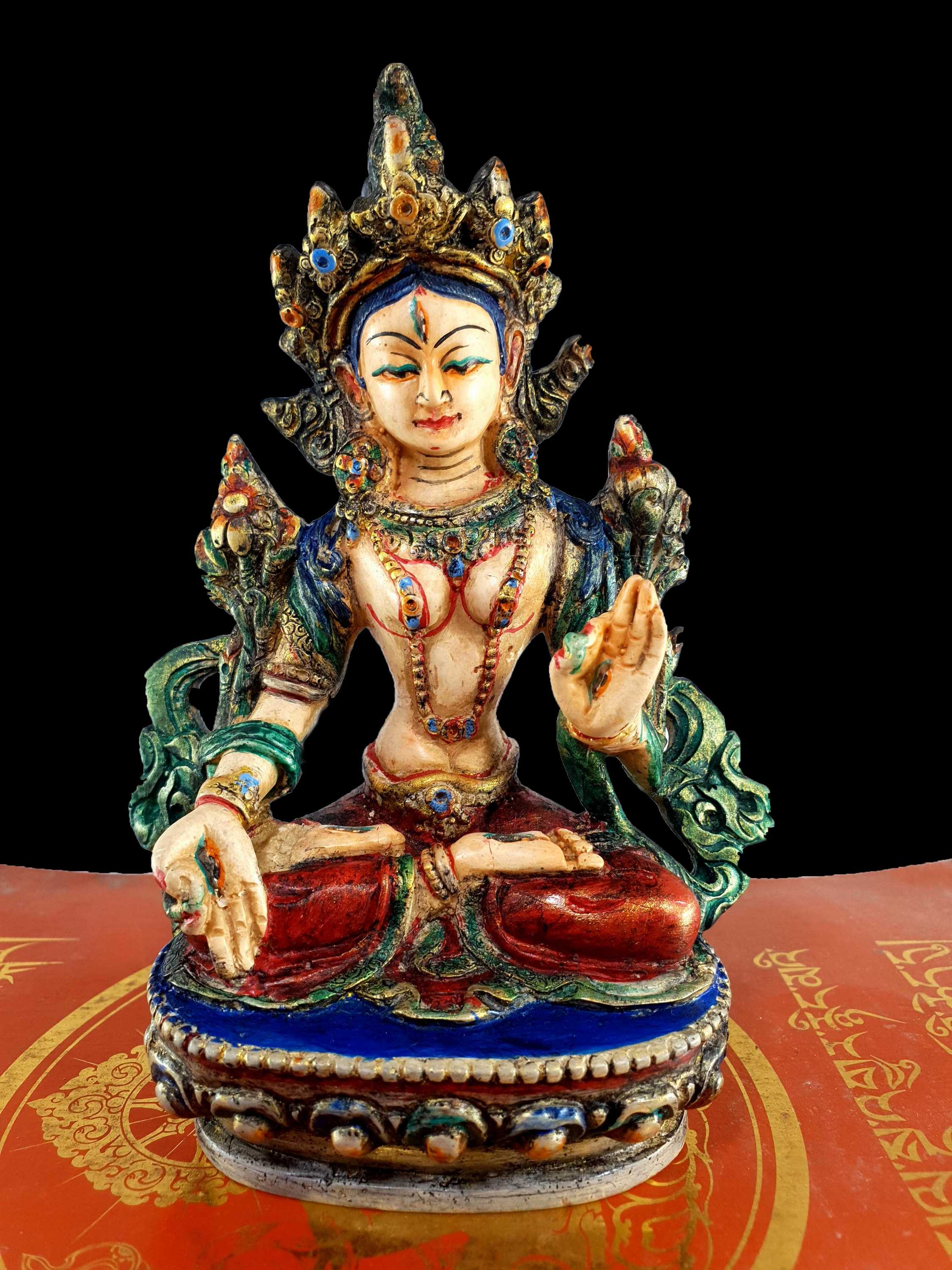 Resin Statue Of White Tara traditional Color Painted, white, Red, Blue