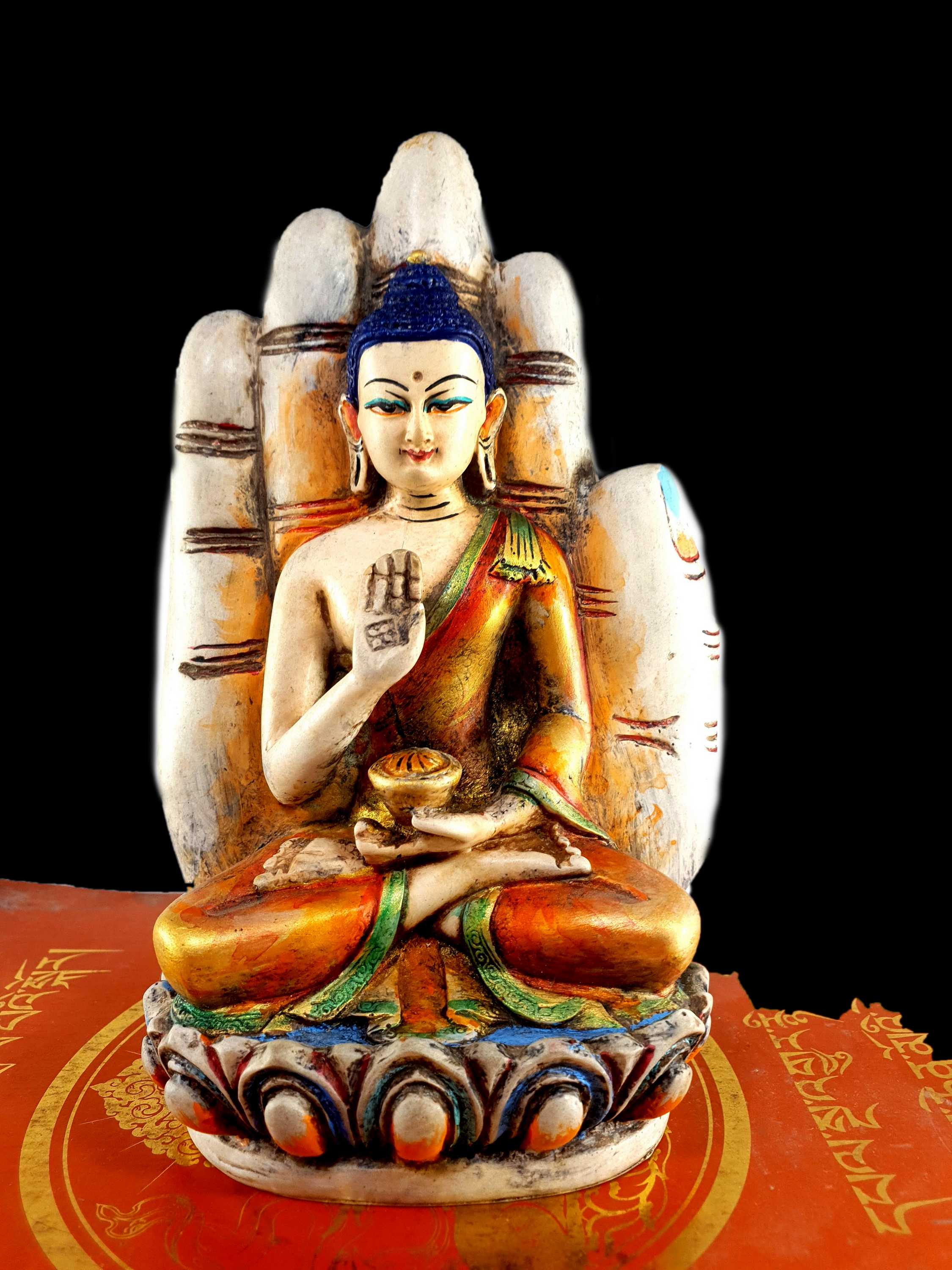 Resin Statue Of Amoghasiddhi Buddha traditional Color Painted, white And Yellow