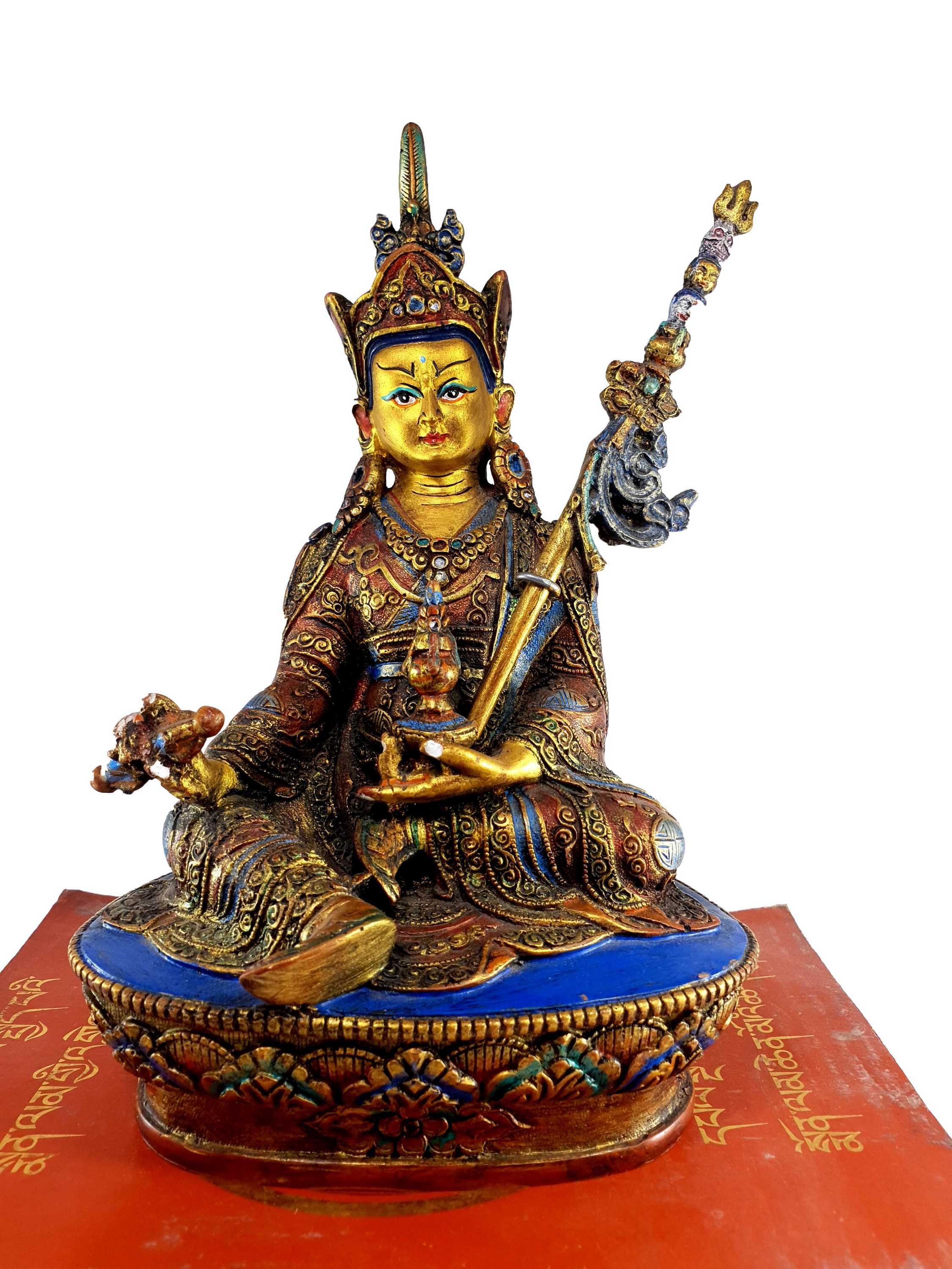 Resin Statue Of Padmasambhava traditional Color Painted, yellow And Gold