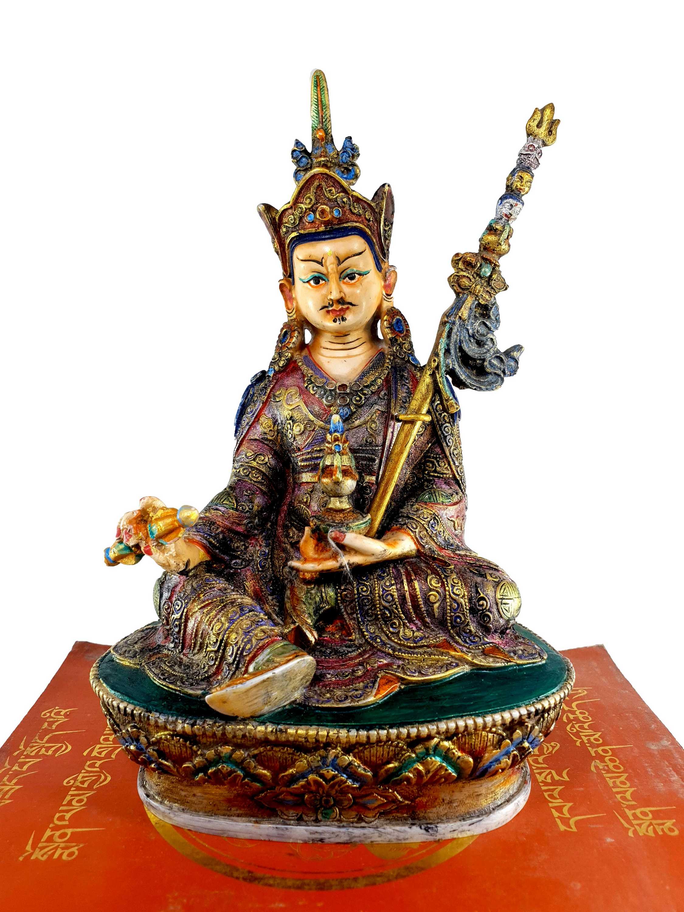 Resin Statue Of Padmasambhava traditional Color Painted, white And Green