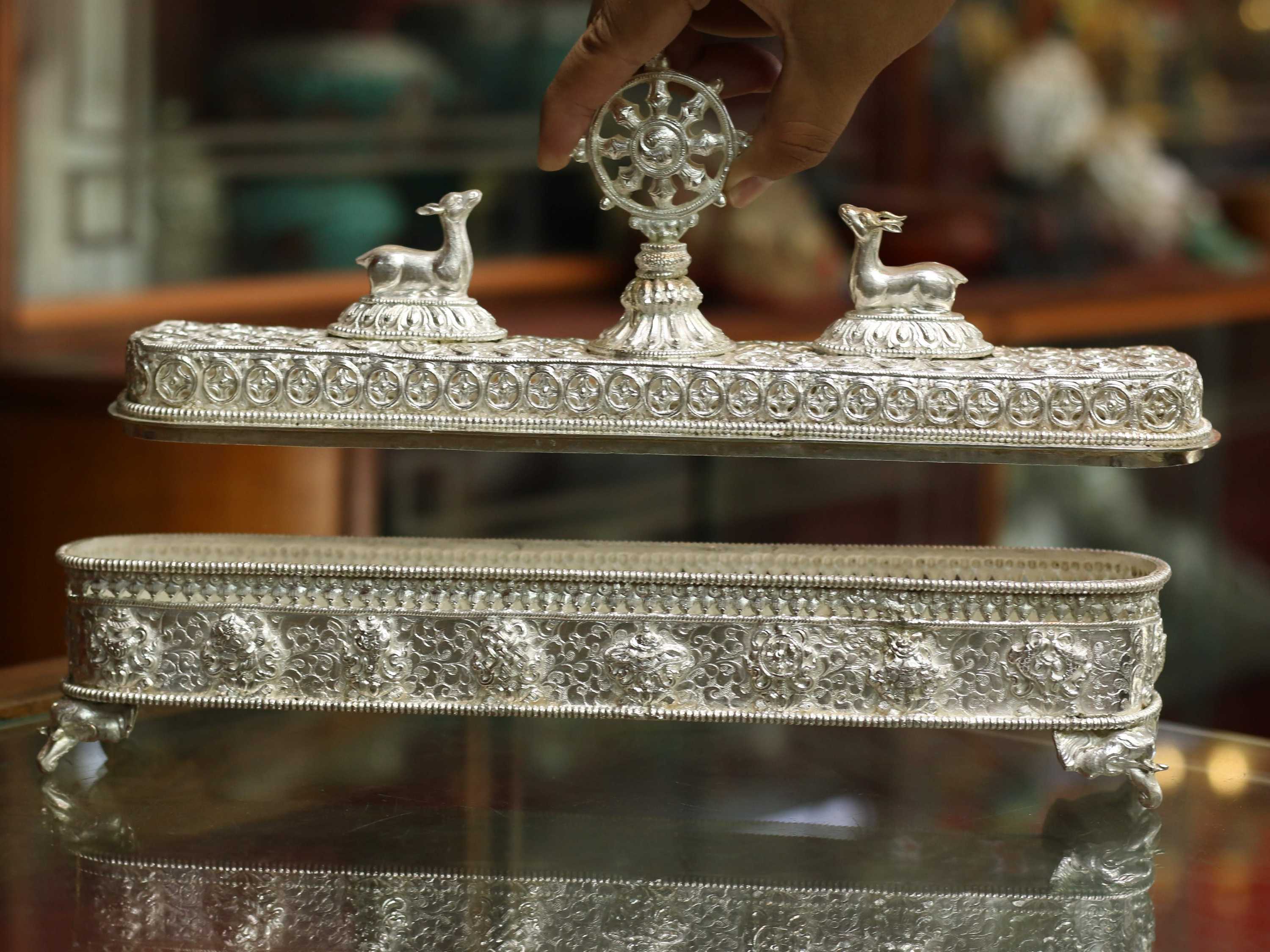 real Silver, high Quality, Handmade Buddhist Incense Burner, With Ashtamangala Carving