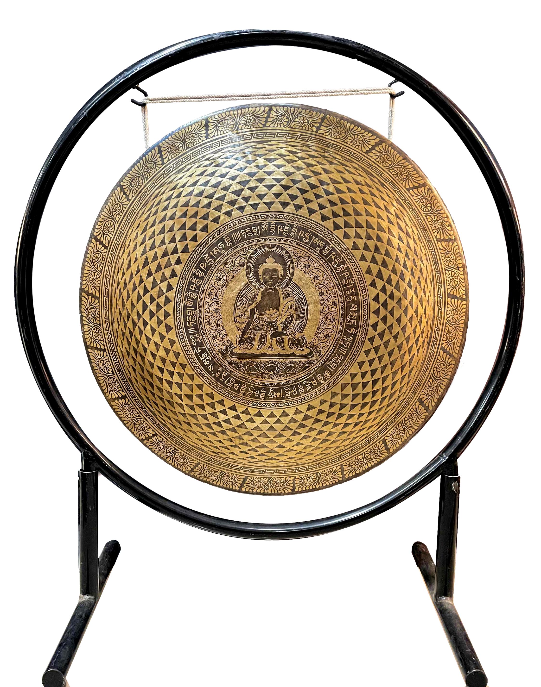 Tibetan Gong With Stand, mandal Etching, Gong Size 70x5 Cm, Gong Weight 12kg
